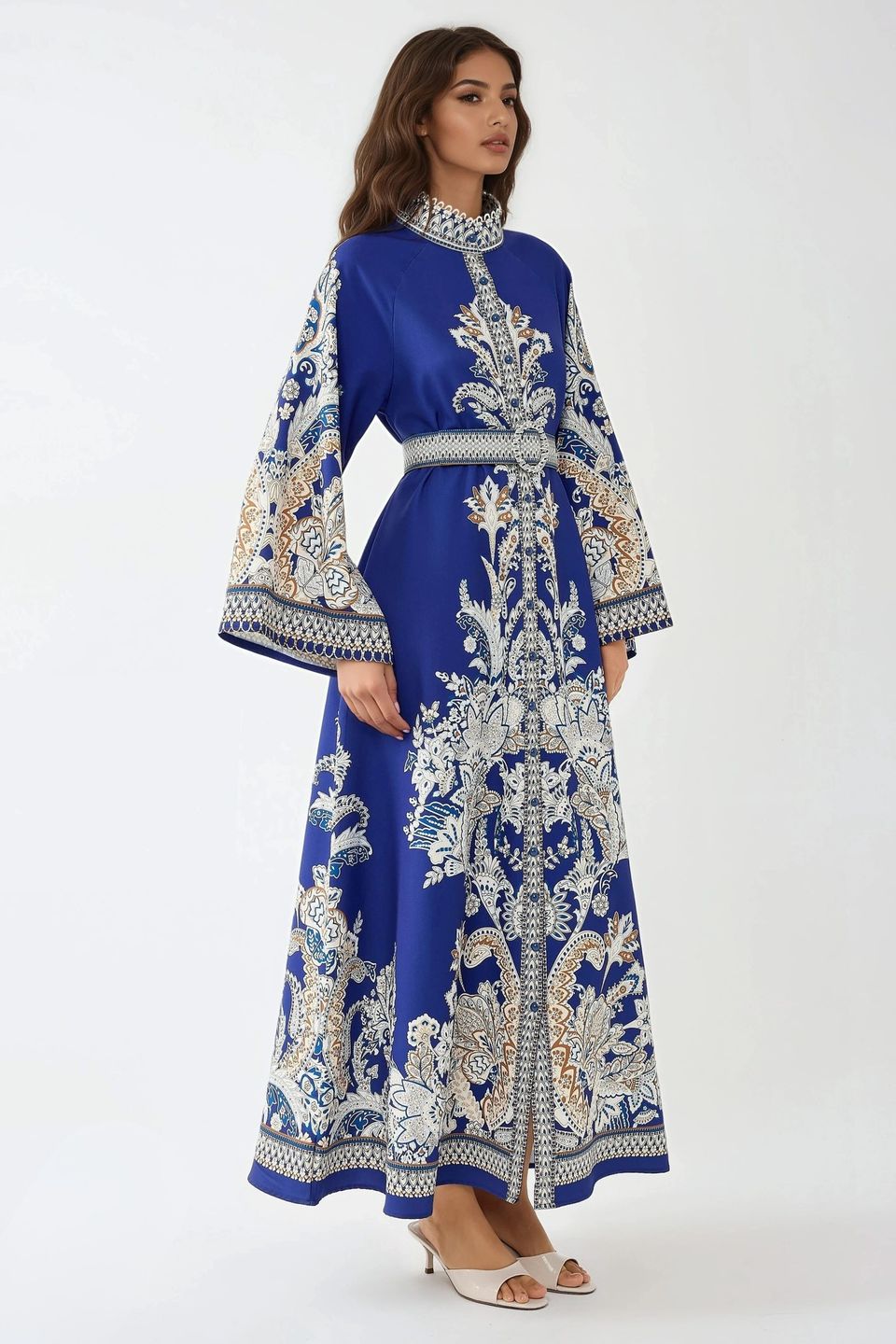 Printed Crew Neck Maxi Dress with Belt