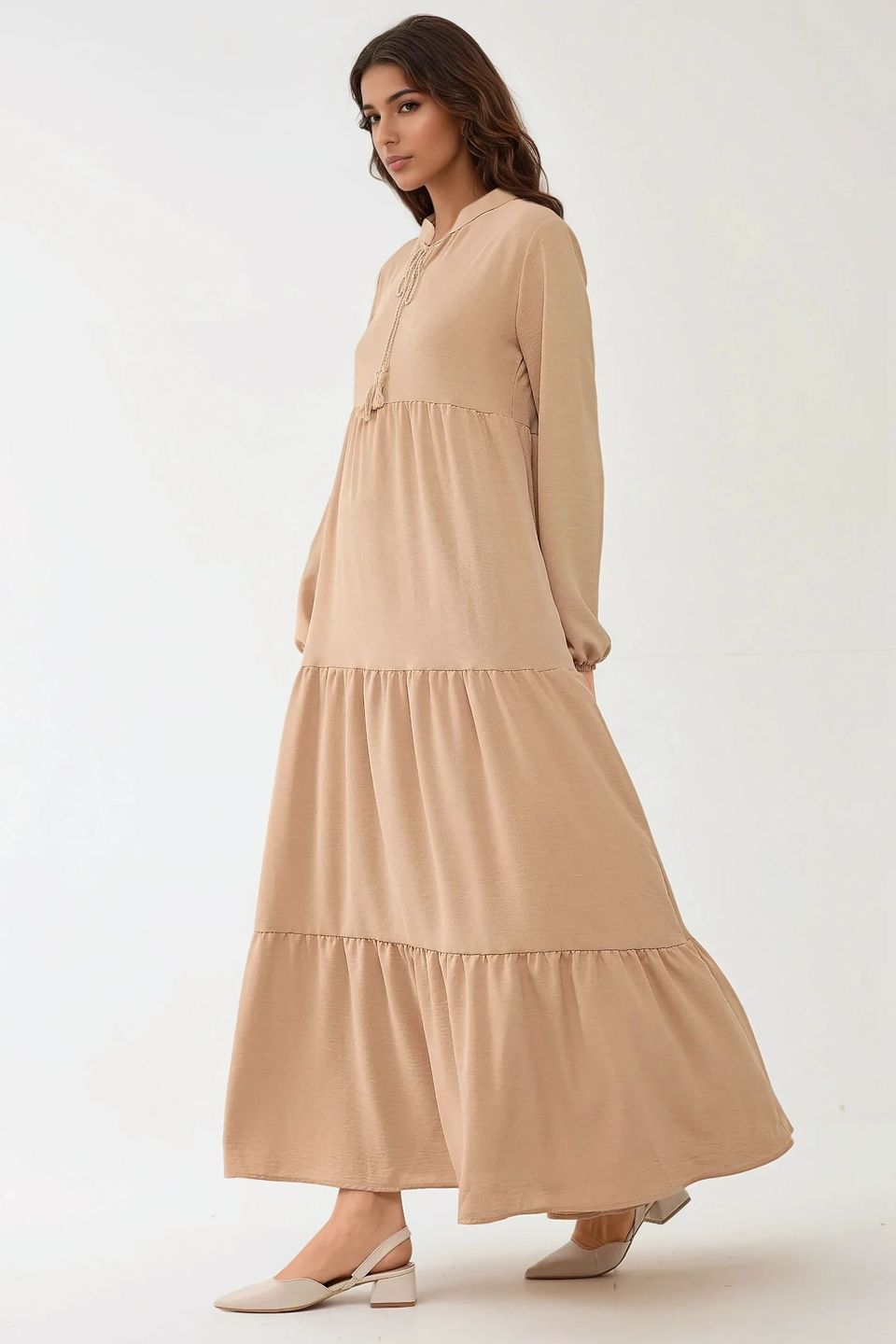 Textured Long Sleeve Crew Neck Maxi Dress