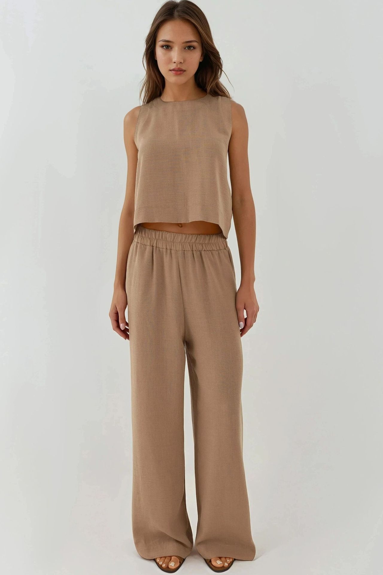 Linen Feel Blouse & Elastic Waist Pants Two-Piece Coord Set 1