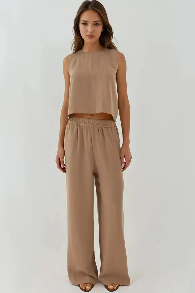 Linen Feel Blouse & Elastic Waist Pants Two-Piece Coord Set