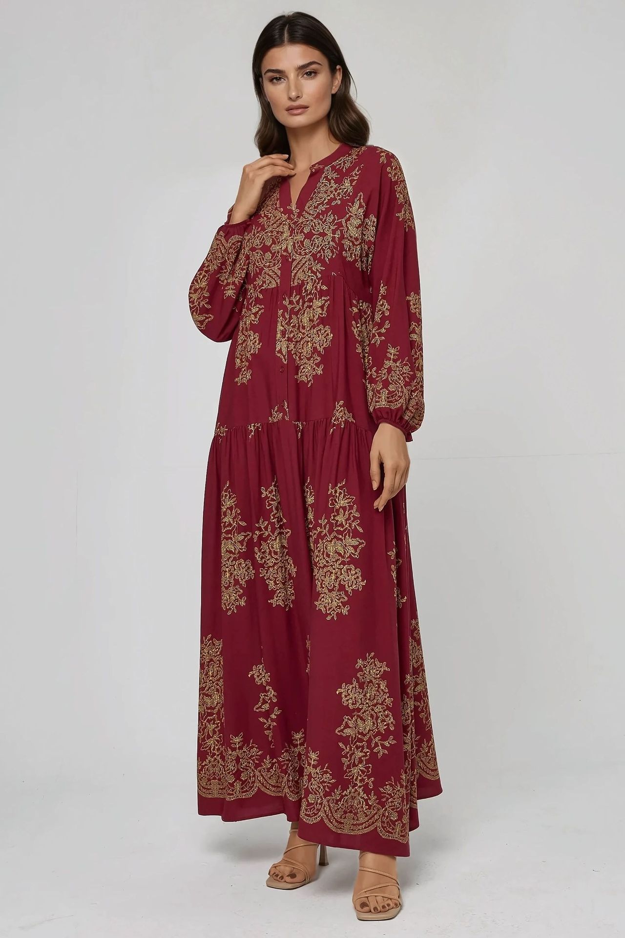 Printed Long Sleeve Viscose Maxi Dress 