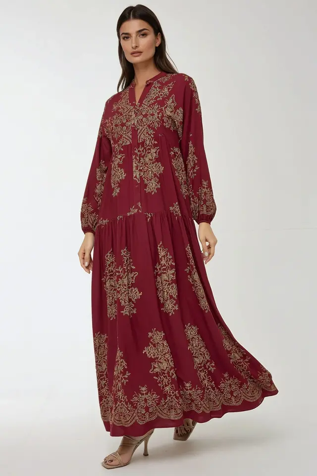 Printed Long Sleeve Viscose Maxi Dress 