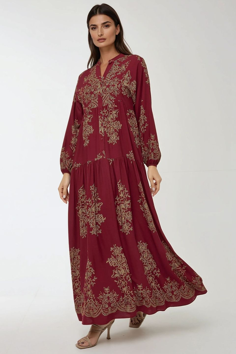 Printed Long Sleeve Viscose Maxi Dress 