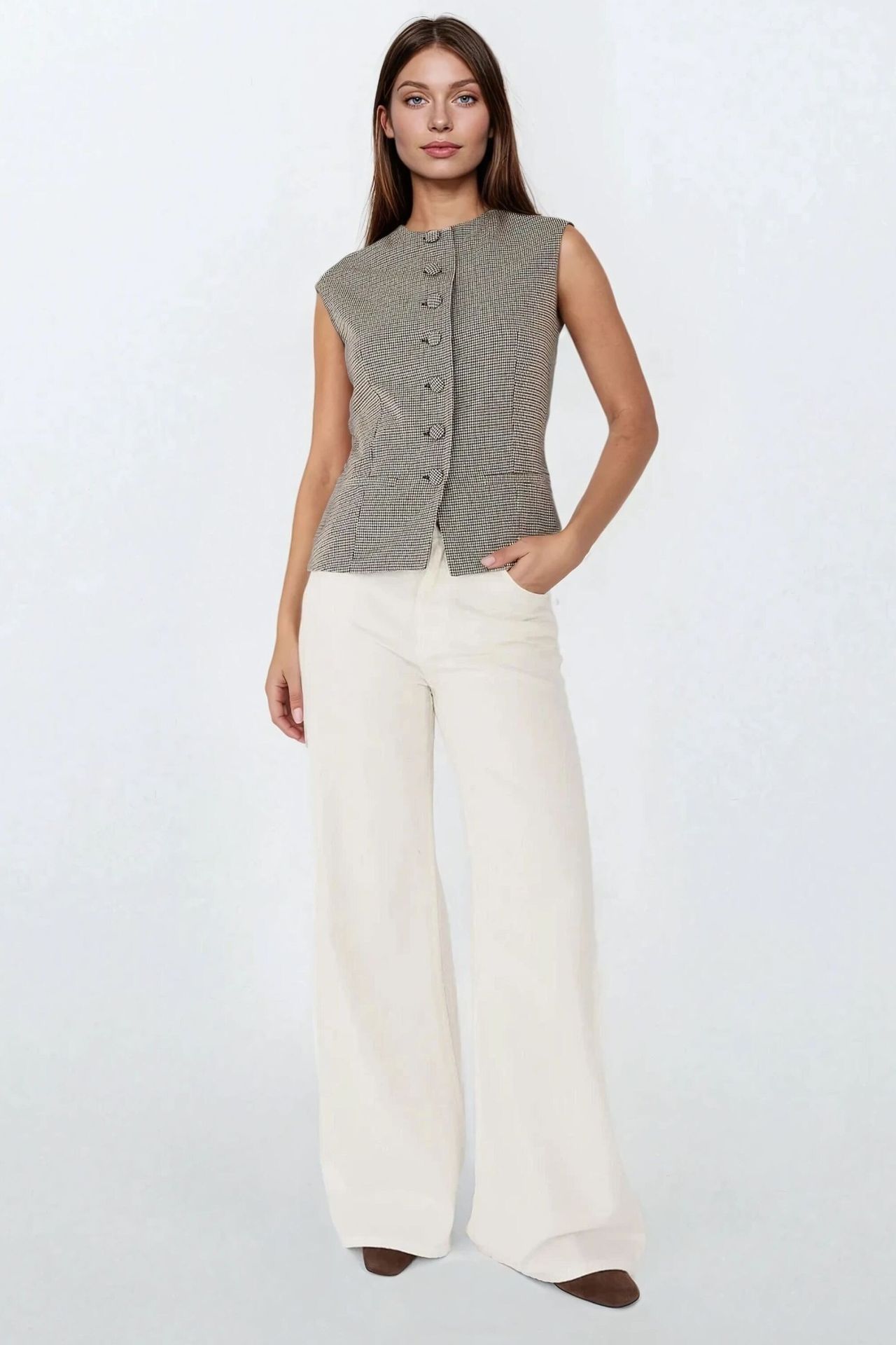 Plaid Fitted Crew Neck Waistcoat