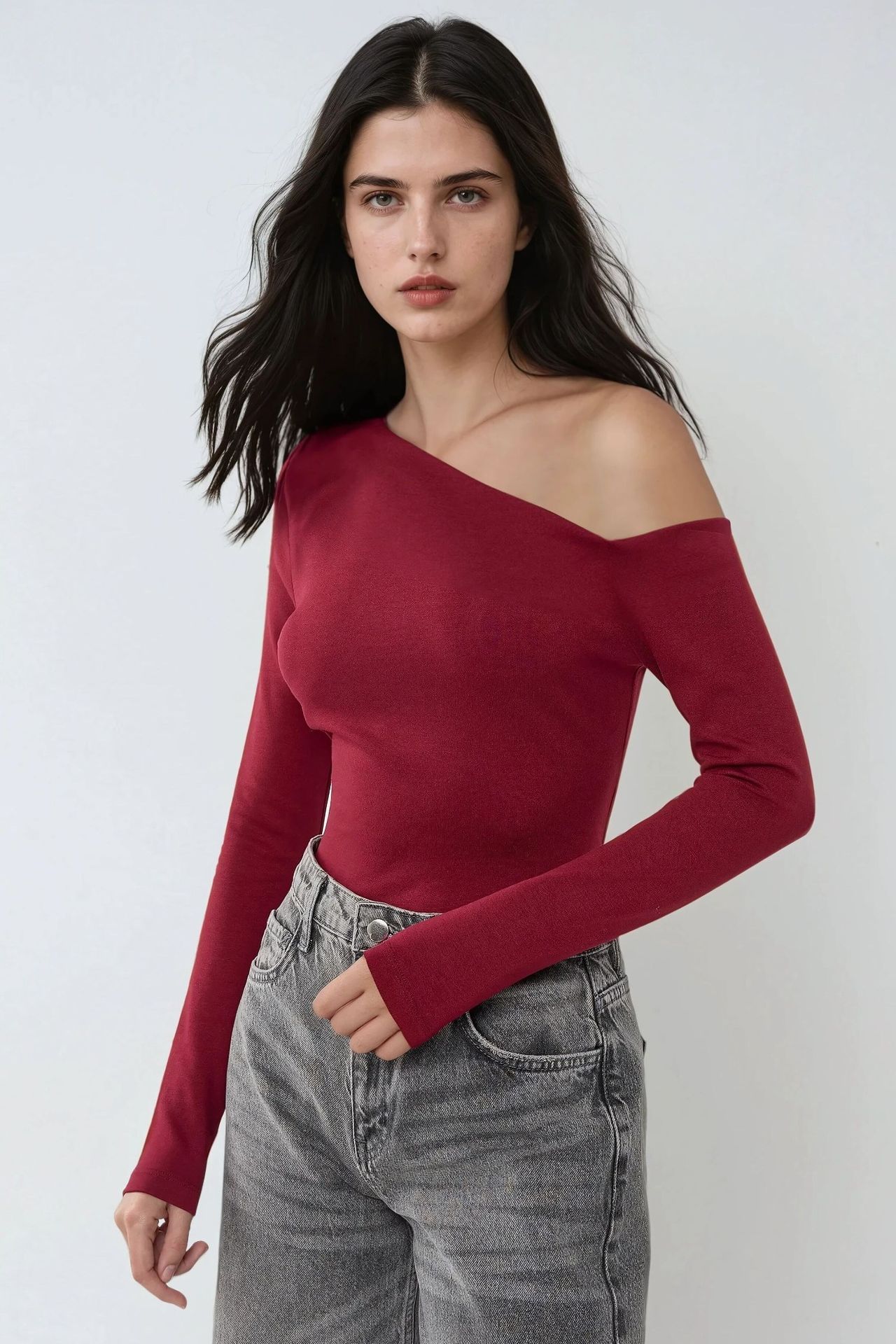 Asymmetrical Neck Long Sleeve Slim Fit Top