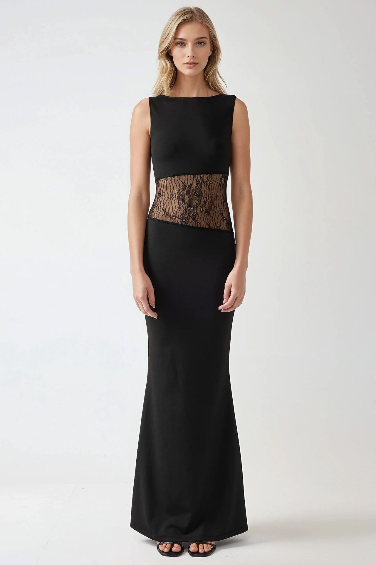 Lace Bodycon Maxi Dress with Crew Neck