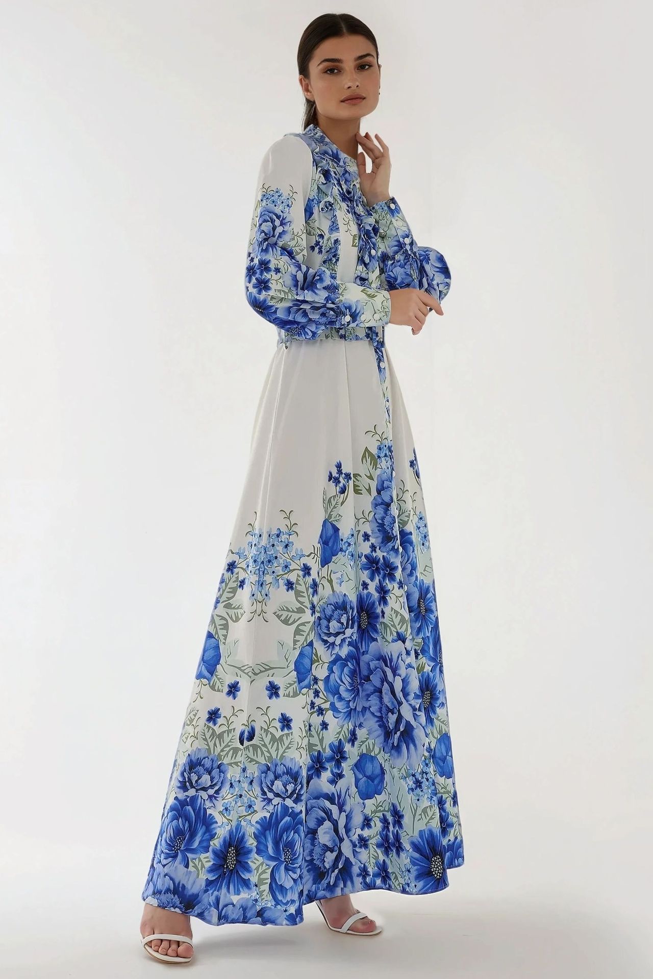Printed Long Sleeve Maxi Dress with Belt