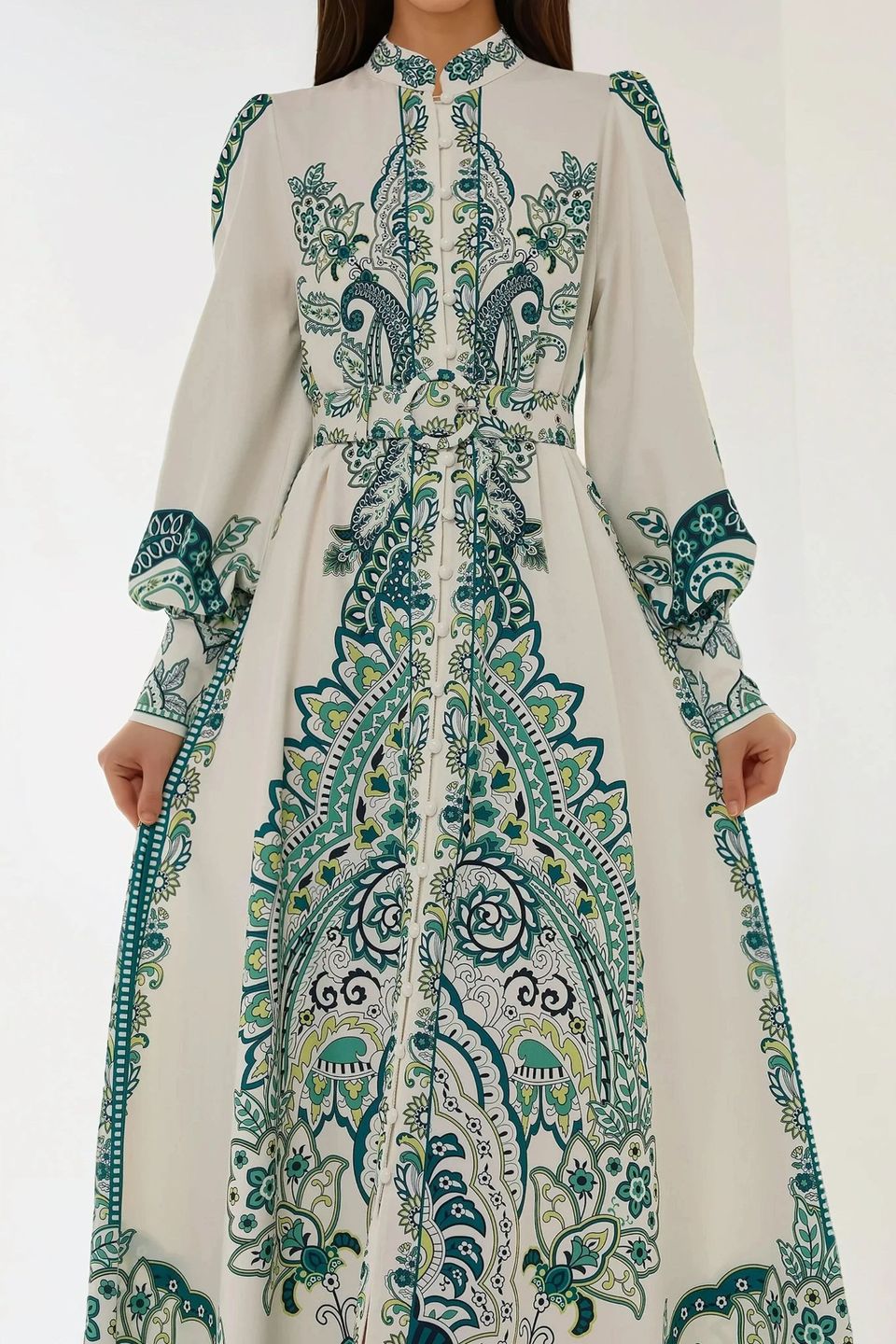 Printed Long Sleeve Maxi Dress with Belt