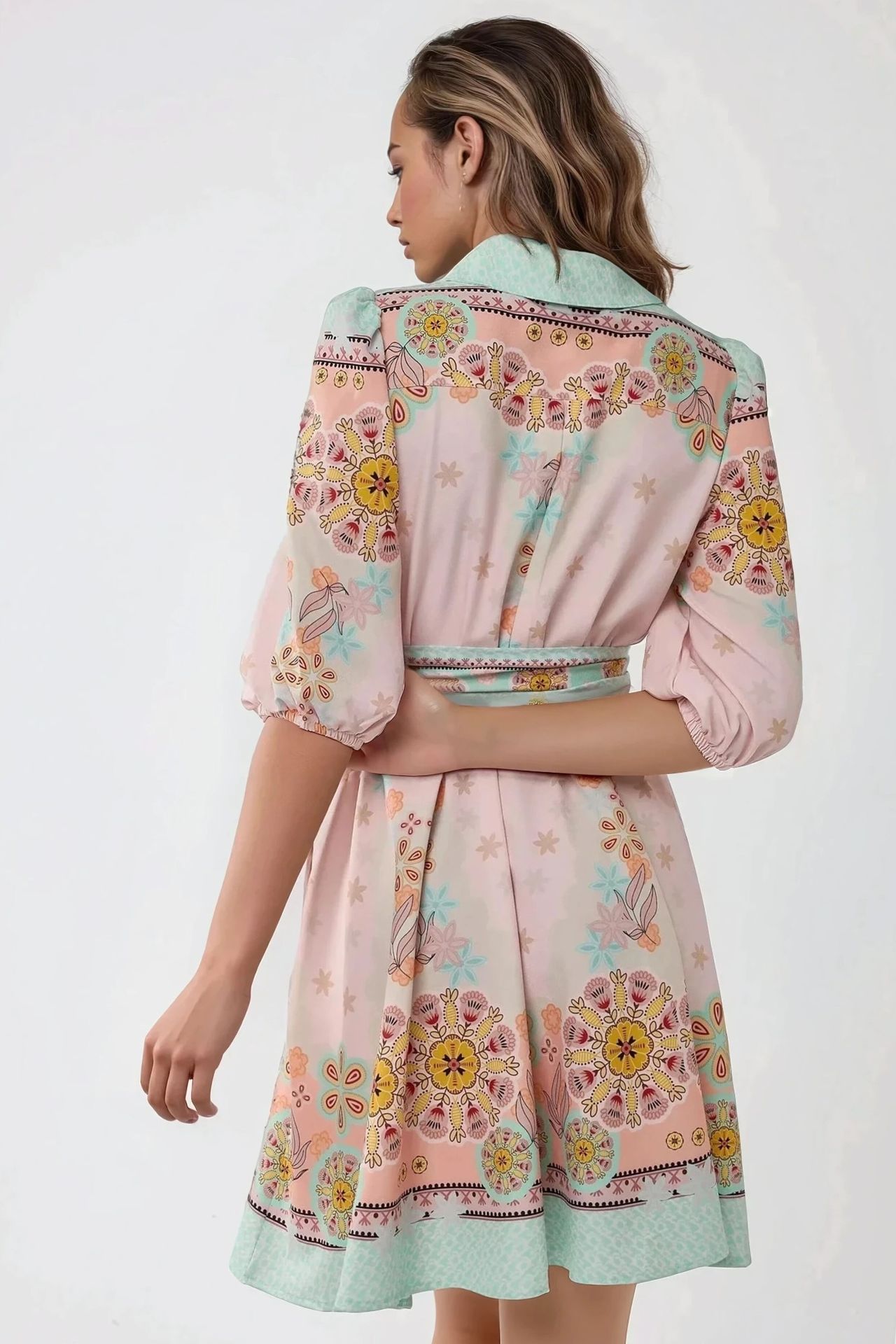 Printed Mini Dress with Shirt Collar