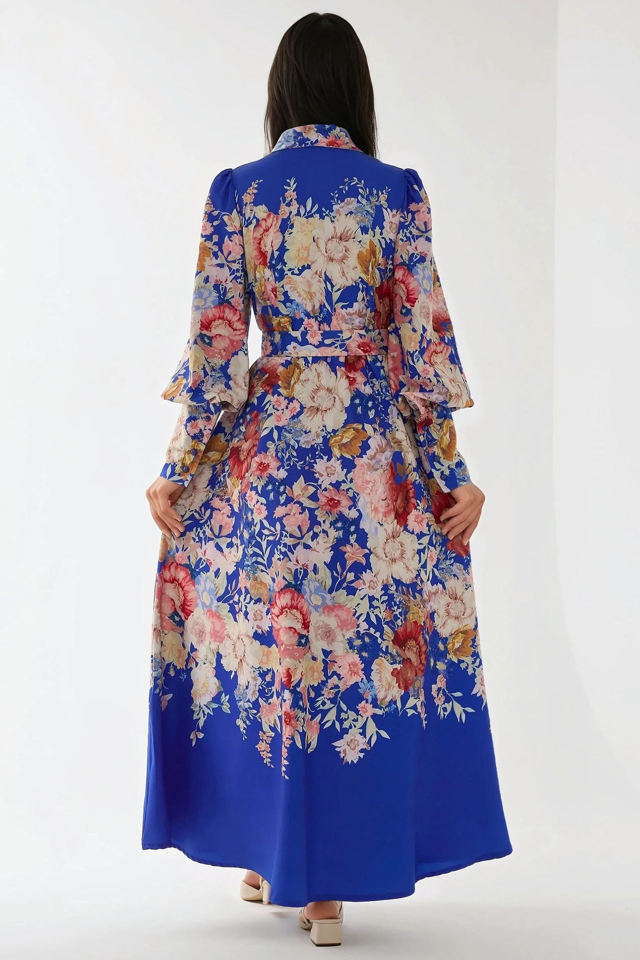 Printed Long Sleeve Maxi Dress with Belt