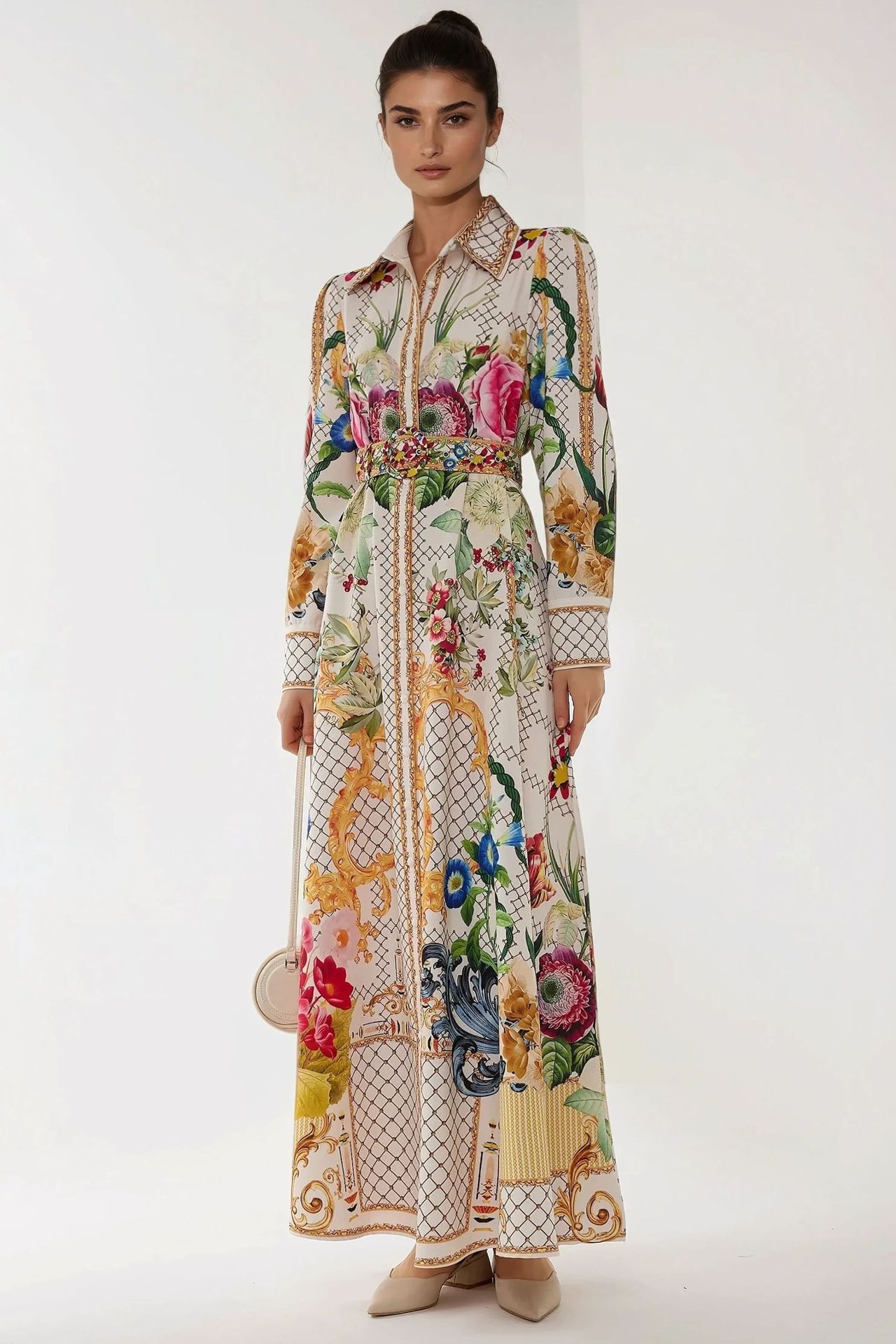 Printed Long Sleeve Maxi Dress with Belt