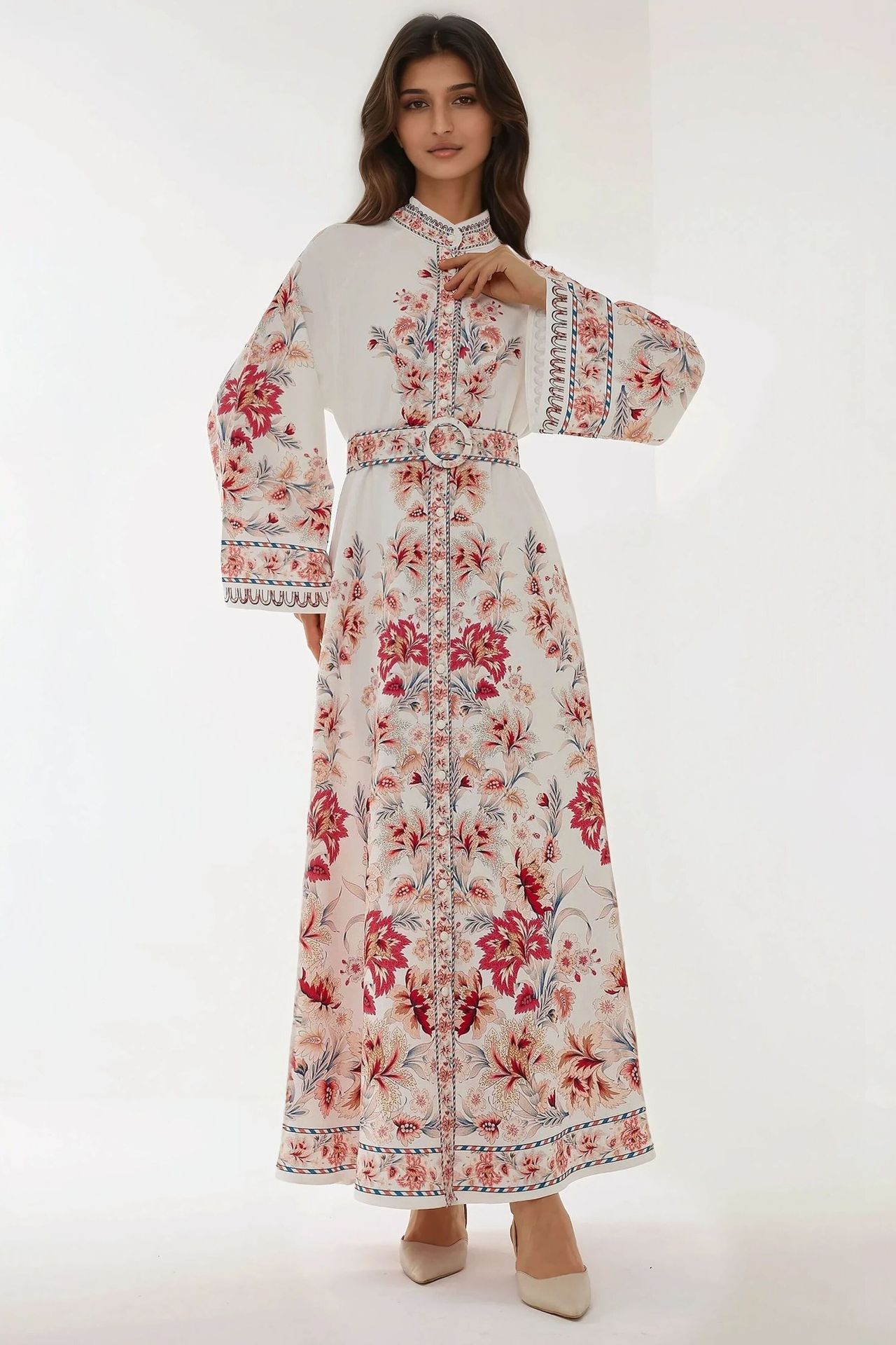 Printed Long Sleeve Maxi Dress with Belt