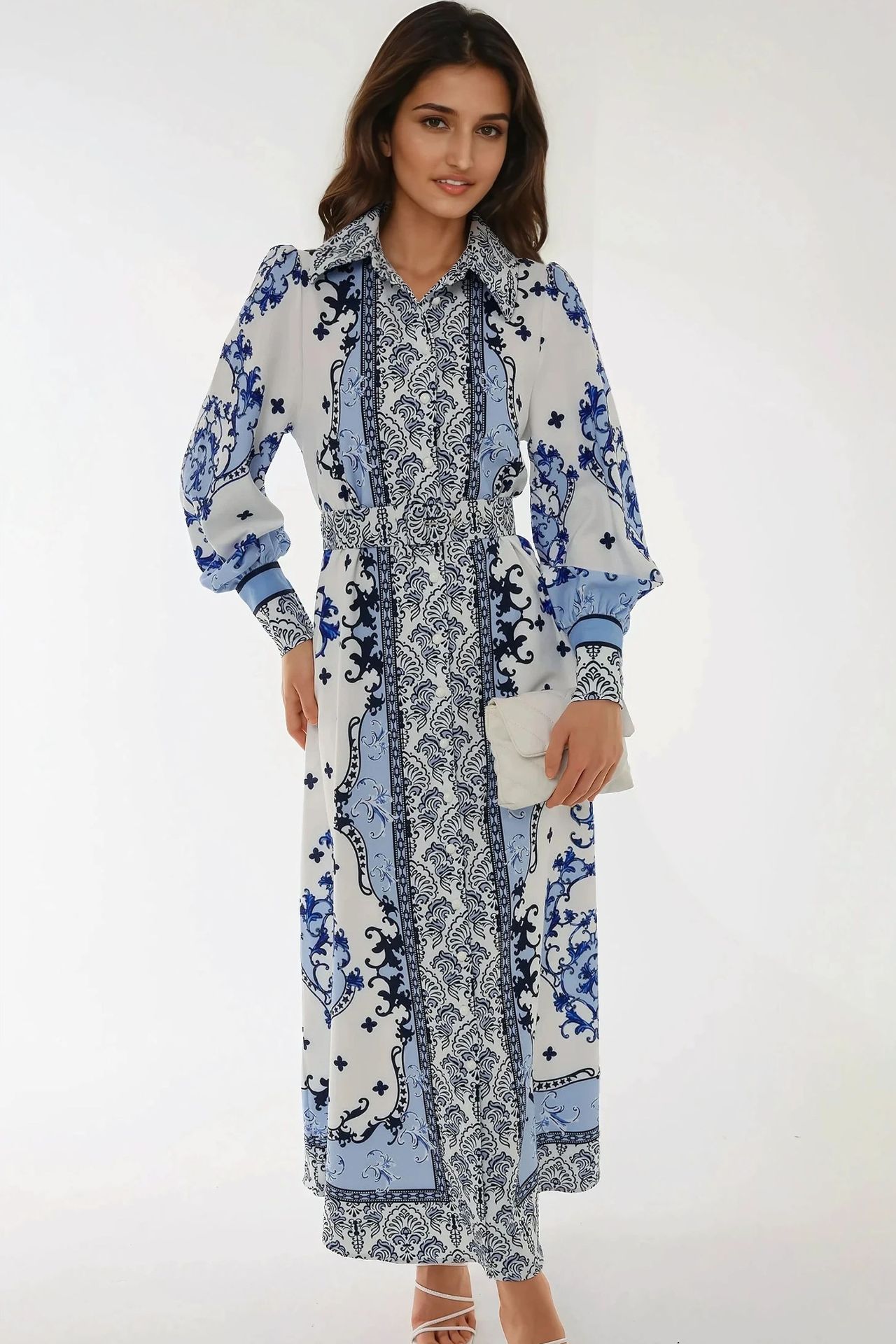 Printed Long Sleeve Maxi Dress with Belt