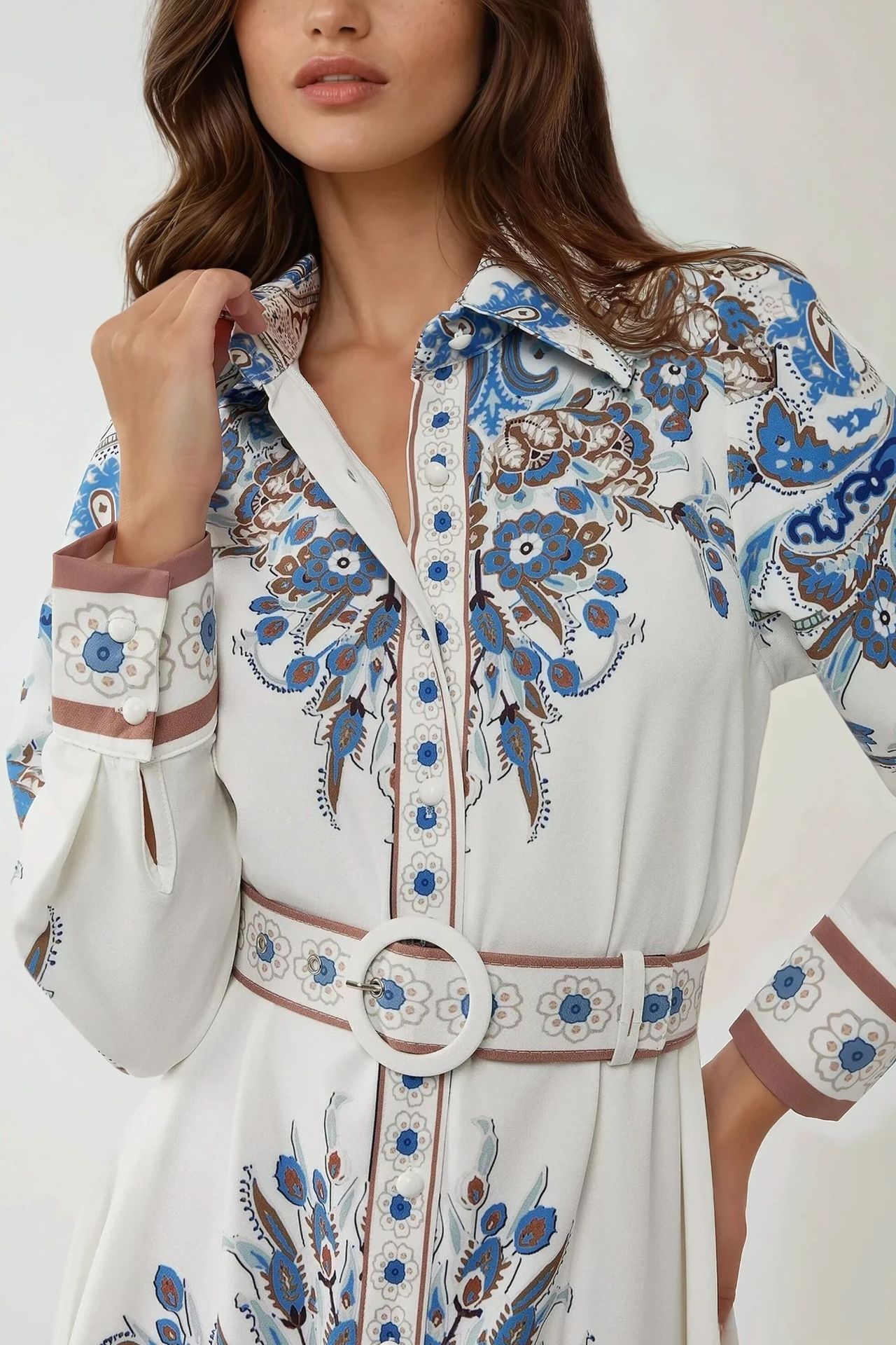 Printed Long Sleeve Maxi Dress with Belt