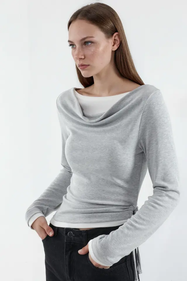 Color Block Soft Blouse with Cowl Neck