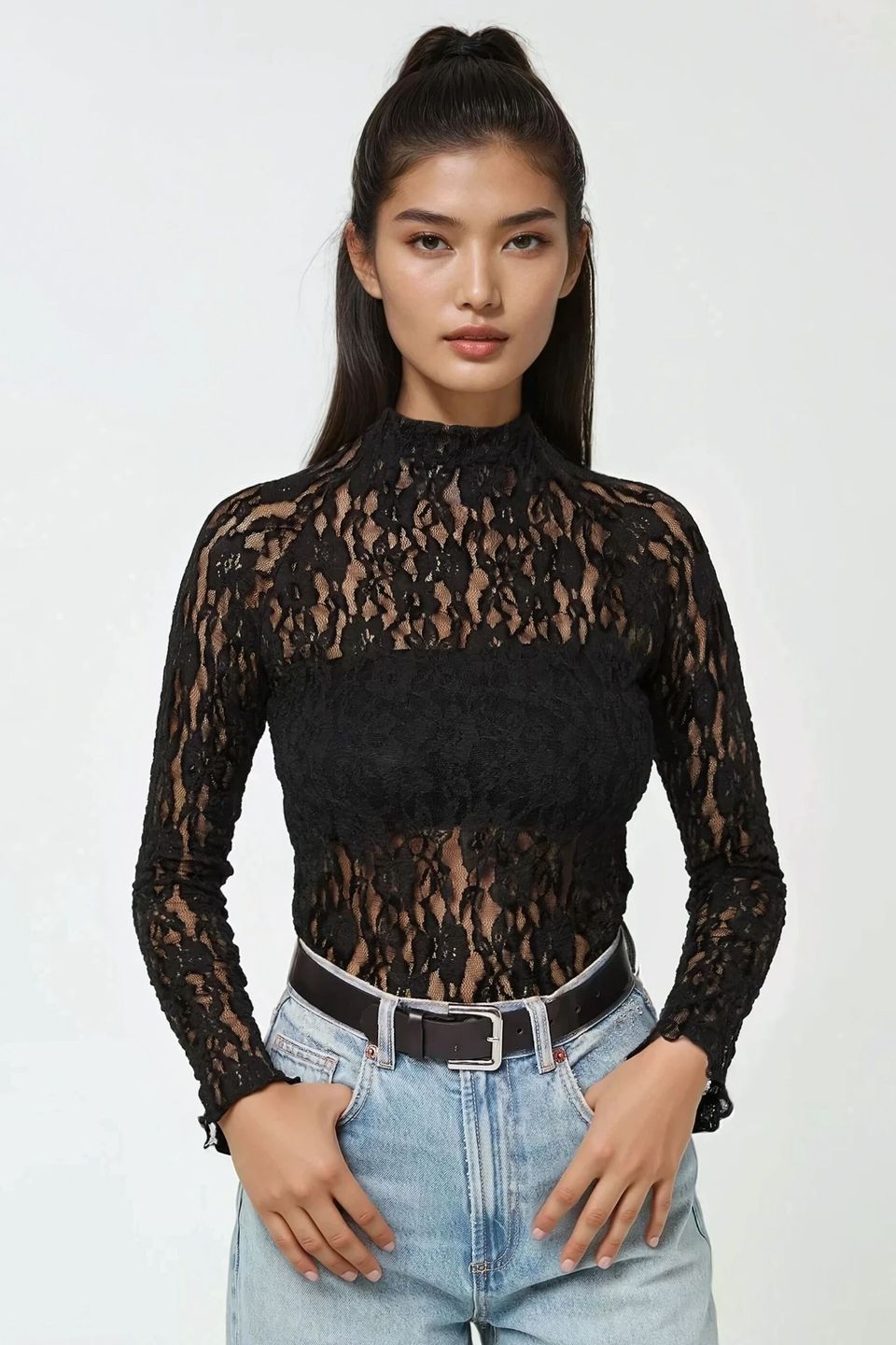 Lace Guipure Slim Fit Crew Neck Blouse