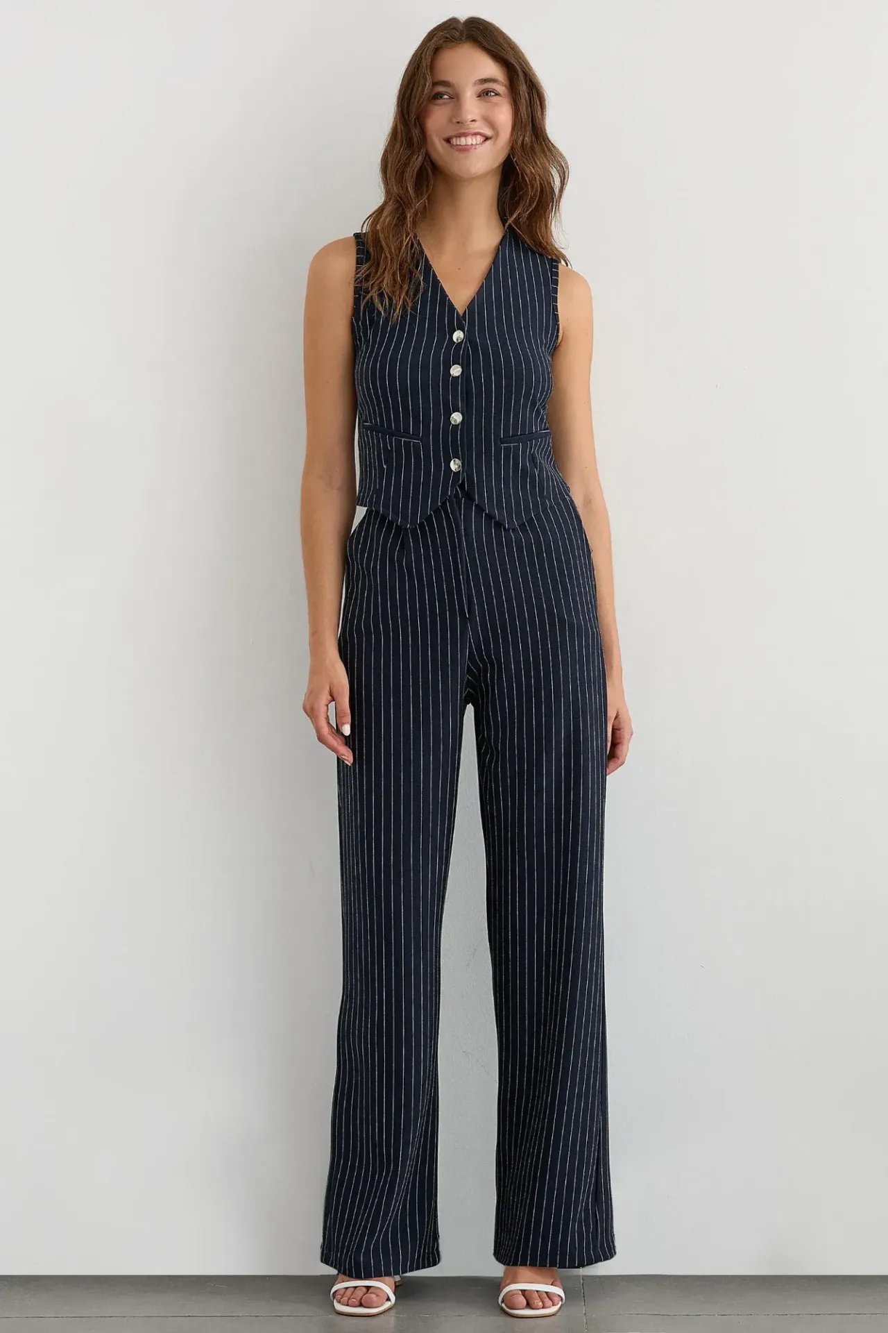 Striped V-Neck Vest and Wide Leg Pants Set