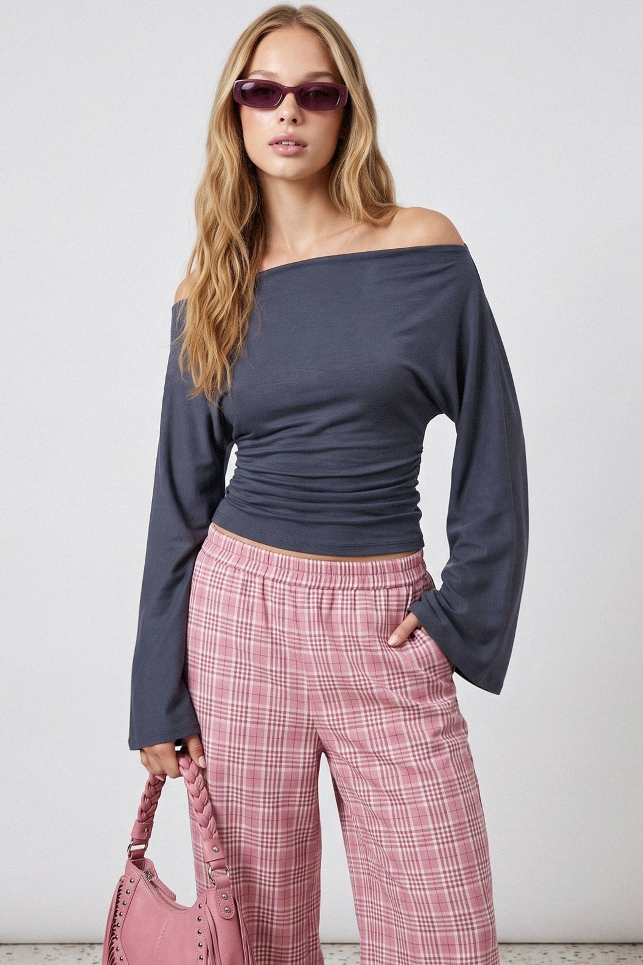 Boat Neck Batwing Sleeve Viscose Rib Knit Blouse 1