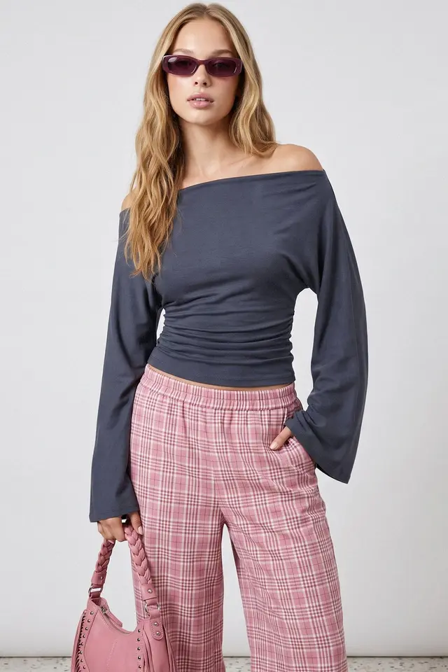 Boat Neck Batwing Sleeve Viscose Rib Knit Blouse