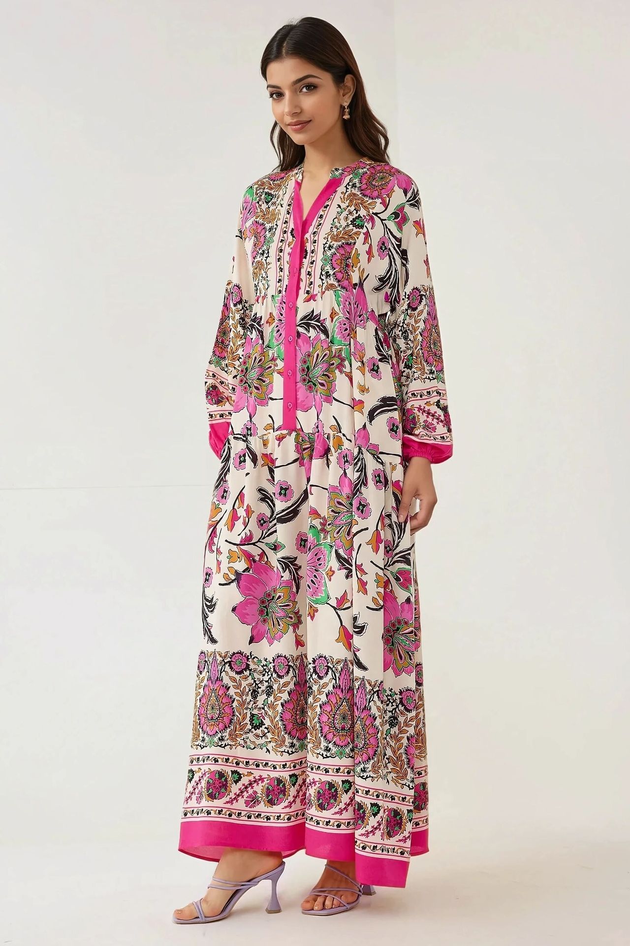 Printed Long Sleeve Viscose Maxi Dress 