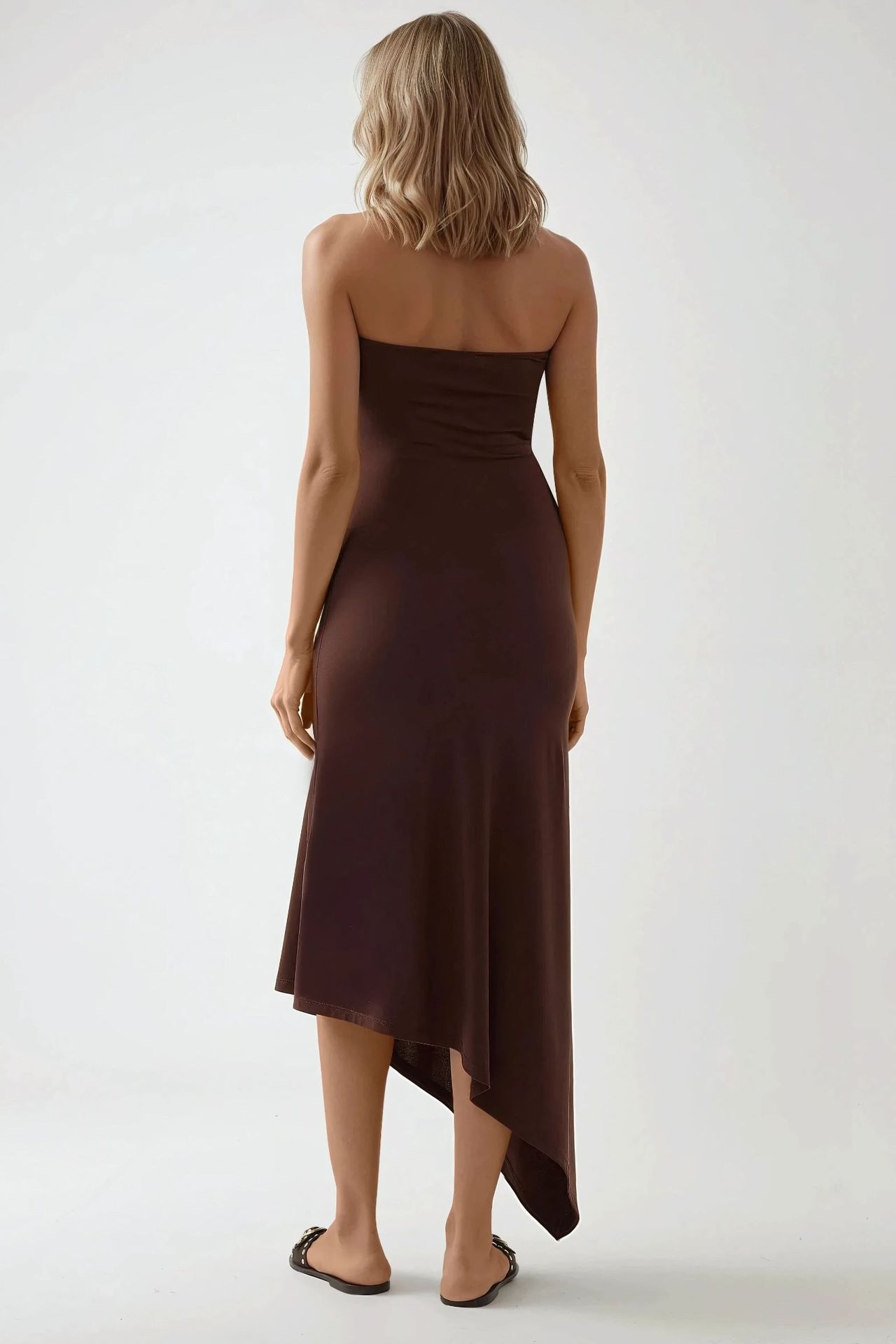 Strapless Bodycon Maxi Dress with Asymmetric Hem