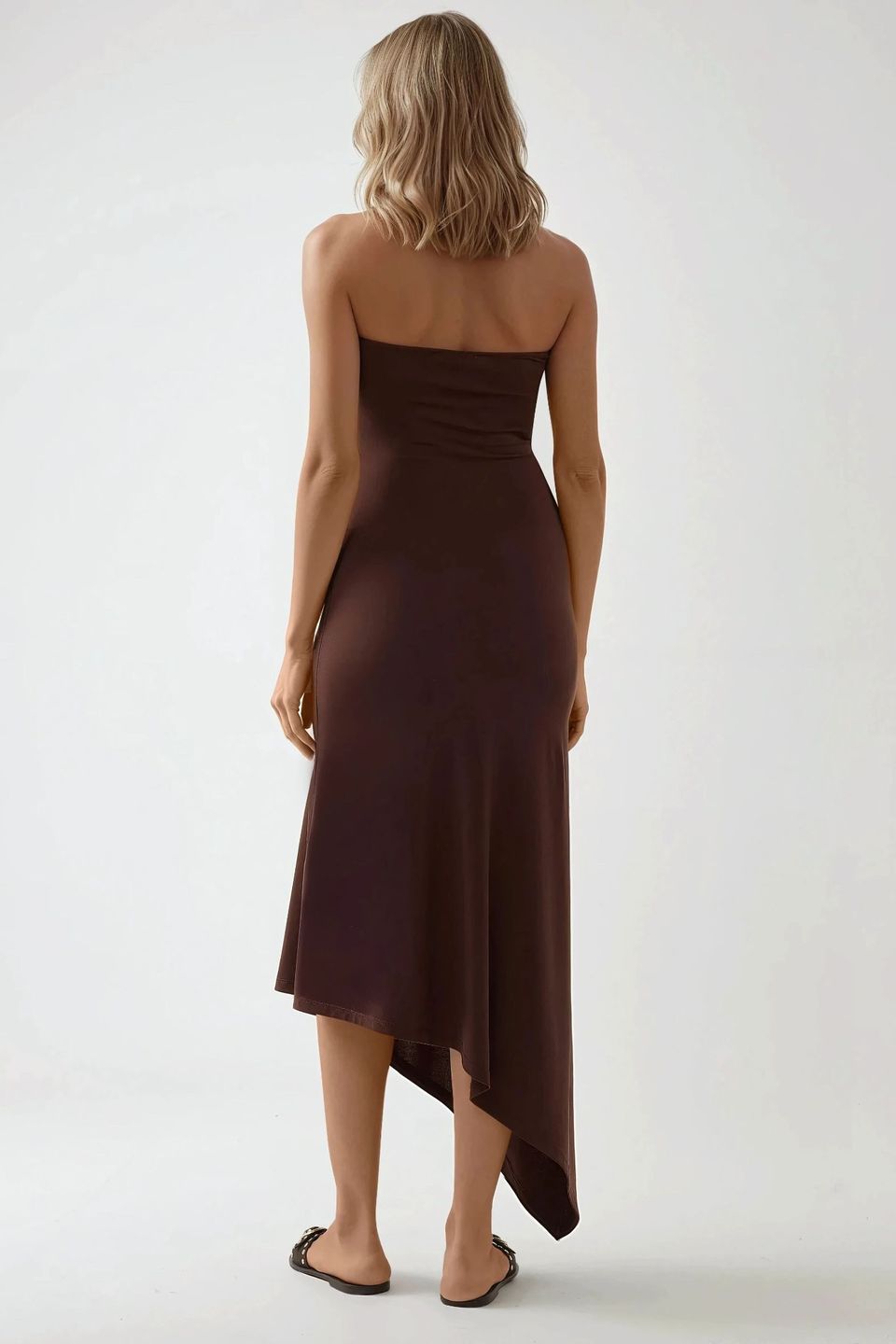 Strapless Bodycon Maxi Dress with Asymmetric Hem