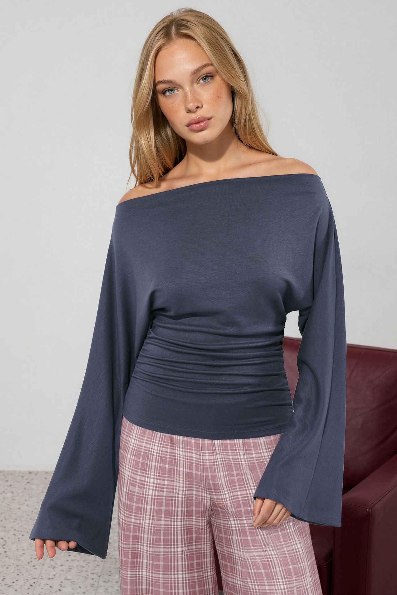 Boat Neck Batwing Sleeve Viscose Rib Knit Blouse 2