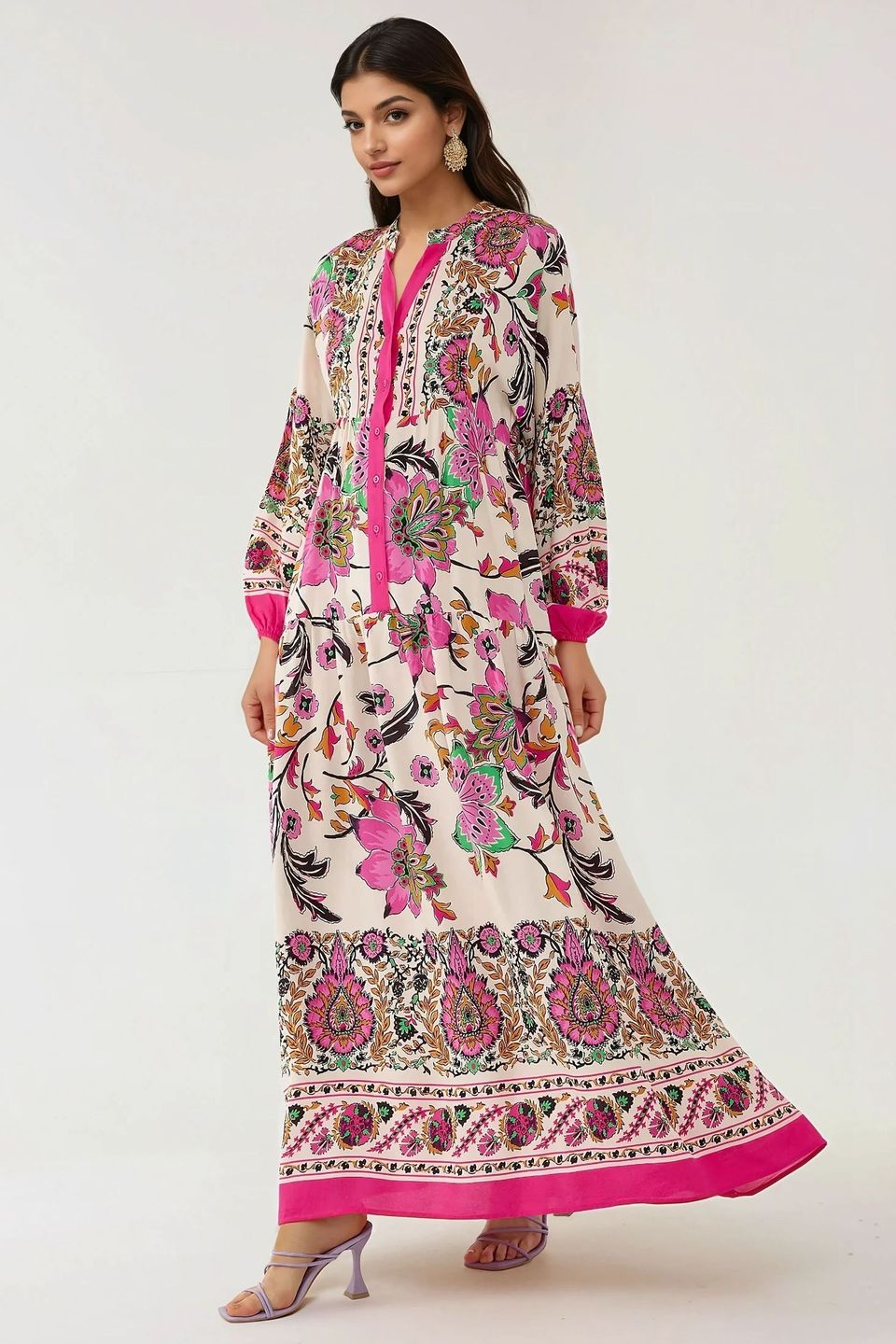 Printed Long Sleeve Viscose Maxi Dress 