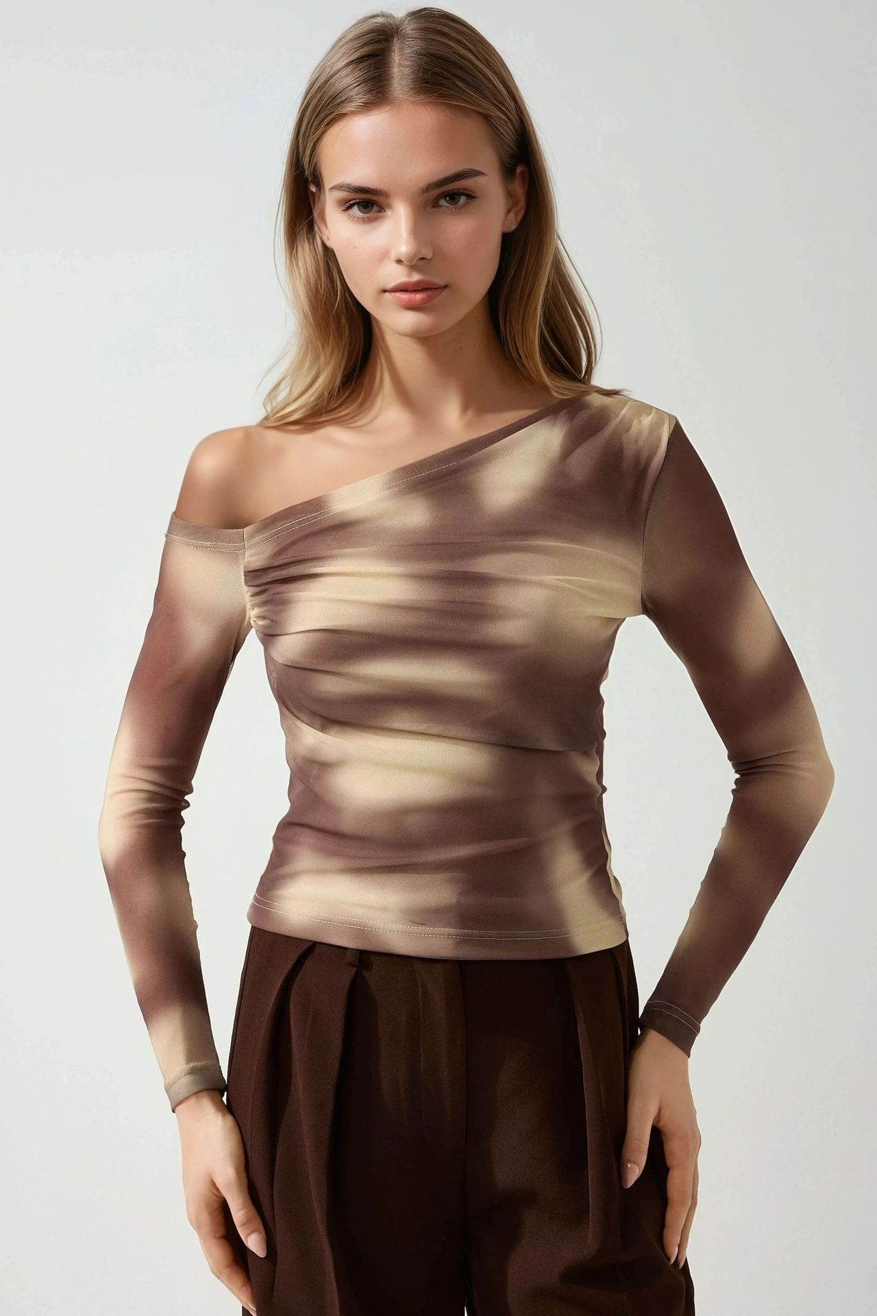 Asymmetrical Collar Tulle Blouse 1