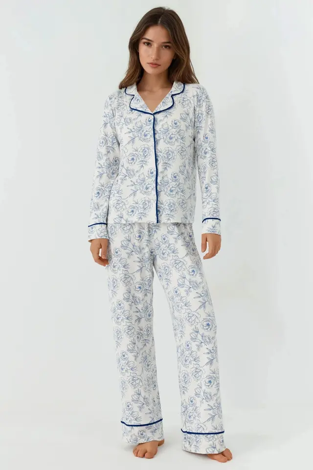 Flower Print Long Sleeve Loungewear Pajama Set