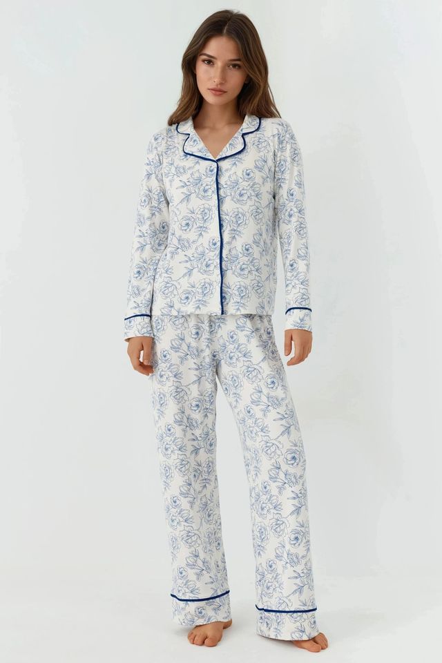 Flower Print Long Sleeve Loungewear Pajama Set