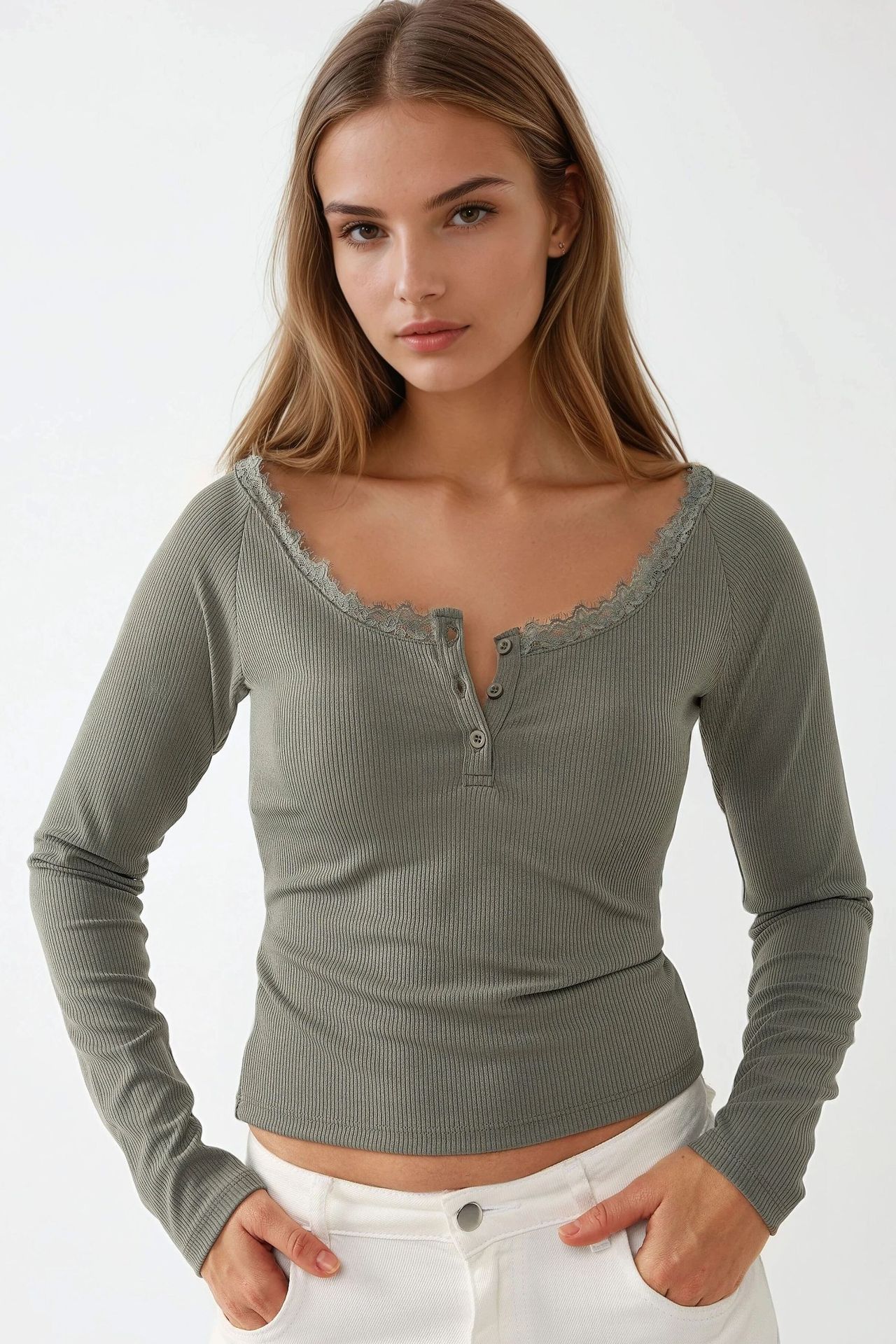 Slim Fit Lace Detail Long Sleeve Top