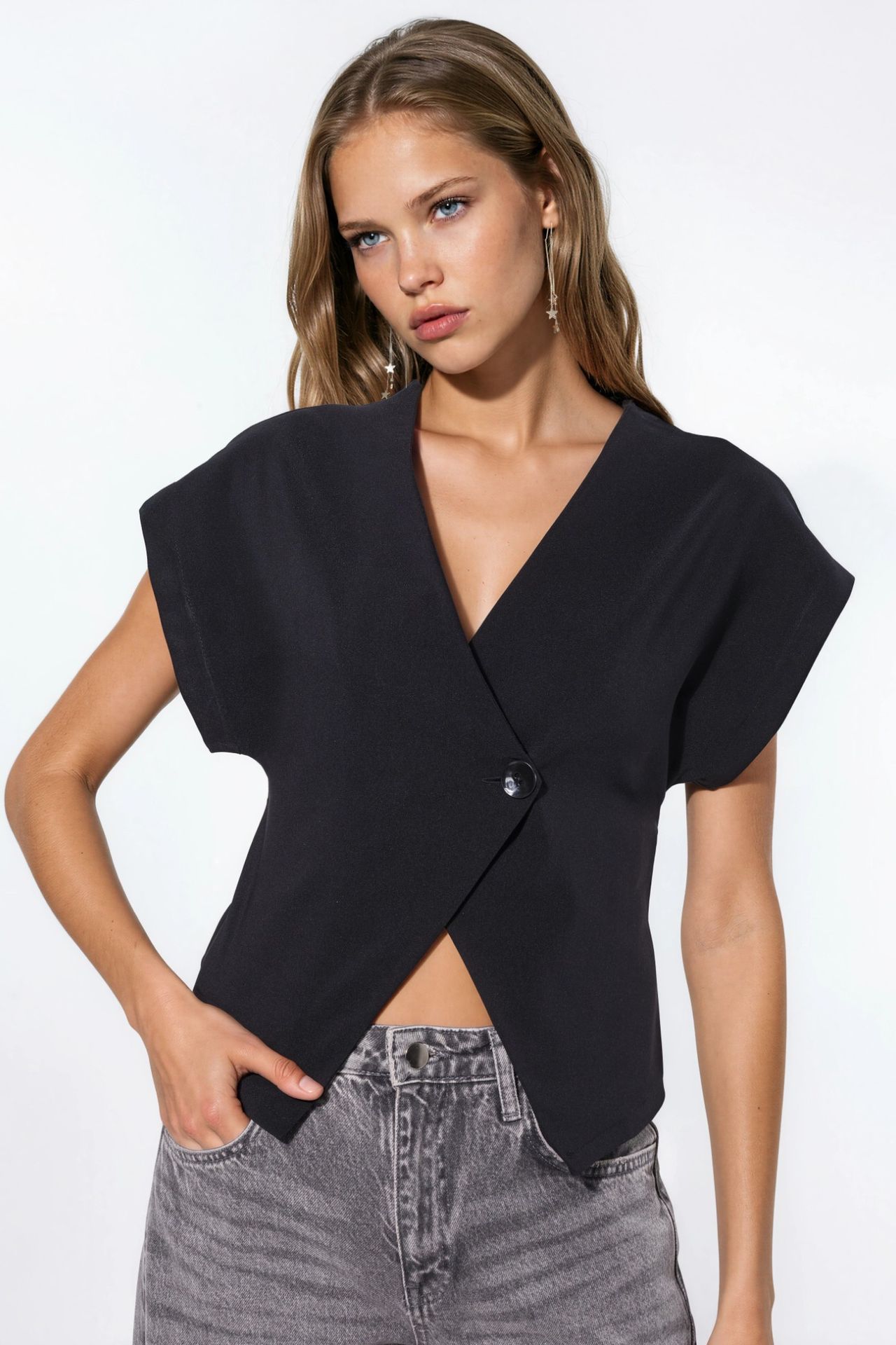 Solid V-Neck Short Sleeve Blouse with Button Closure 1