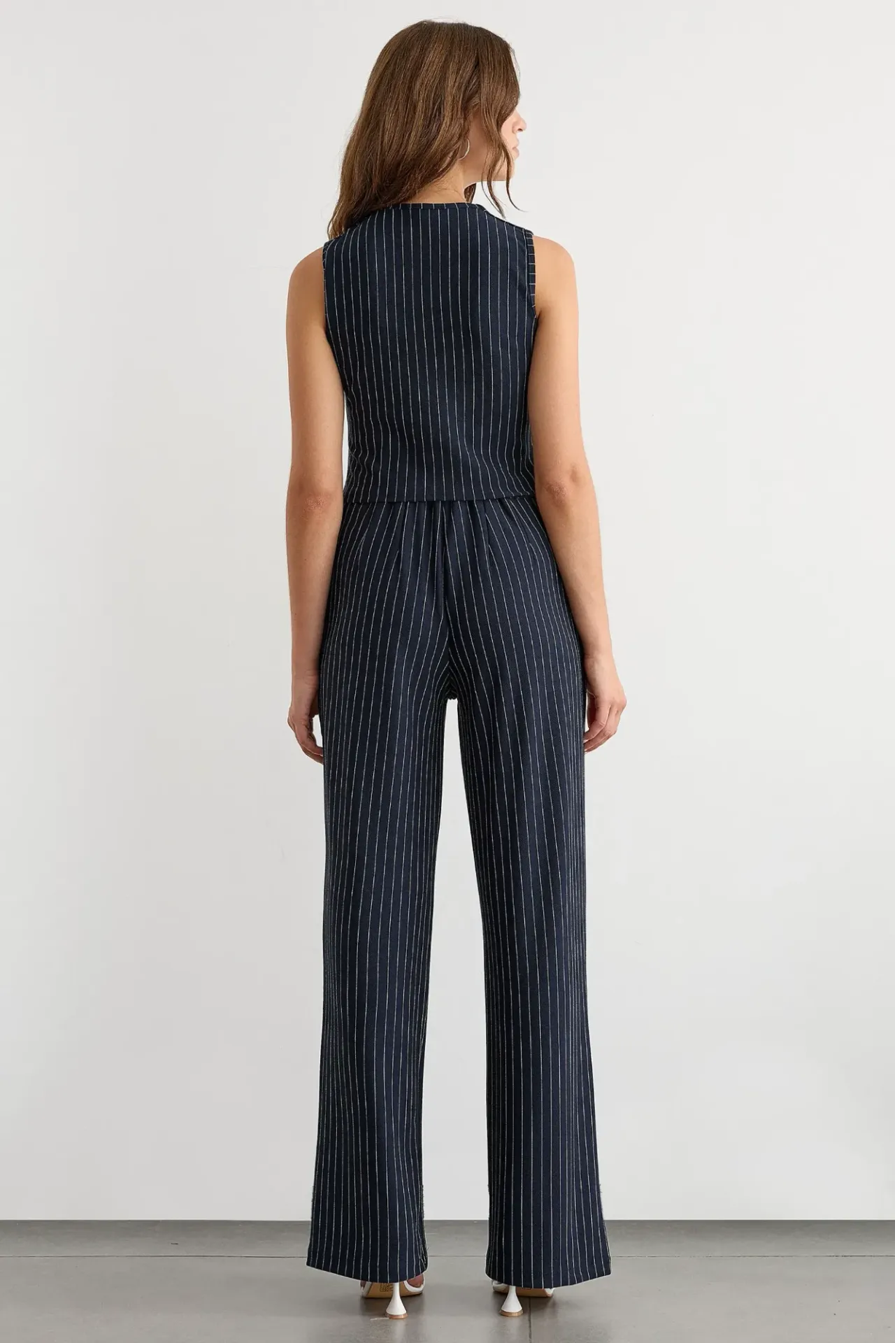 Striped V-Neck Vest and Wide Leg Pants Set