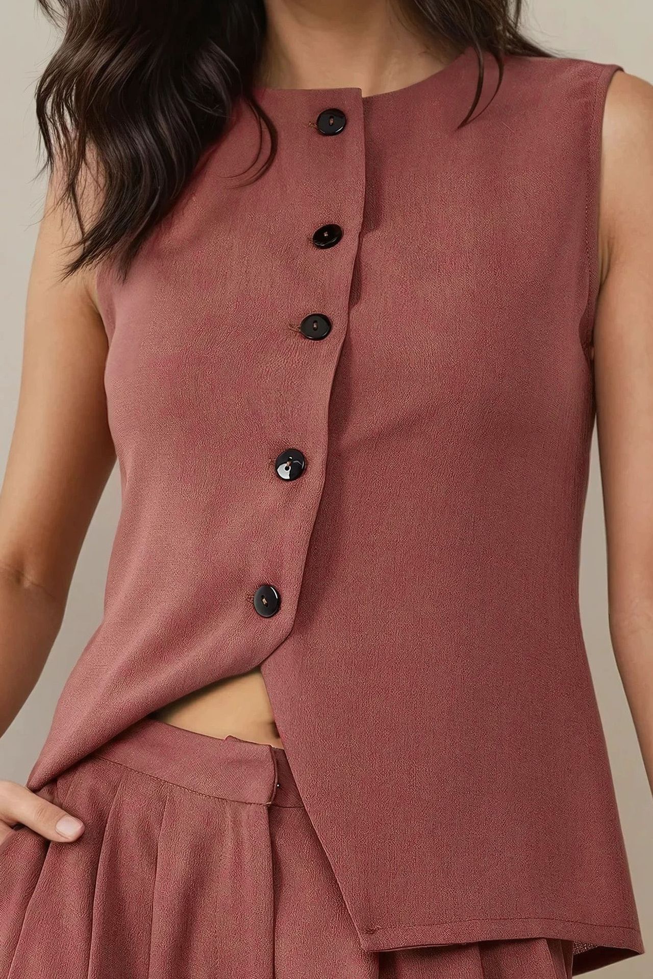 Fitted Textured Crew Neck Waistcoat with Buttons