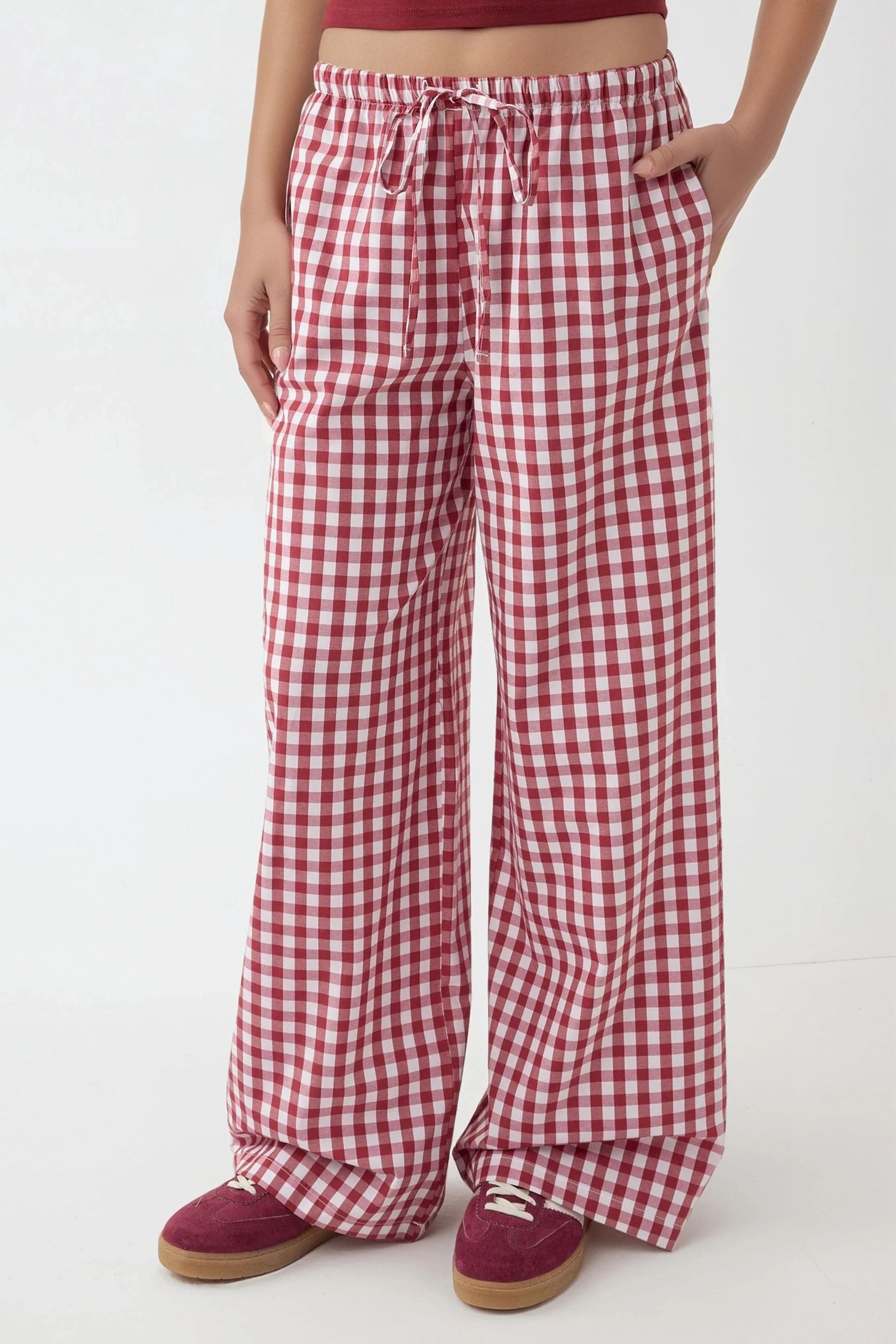 Red Wide Leg Plaid Checkered Pants Women