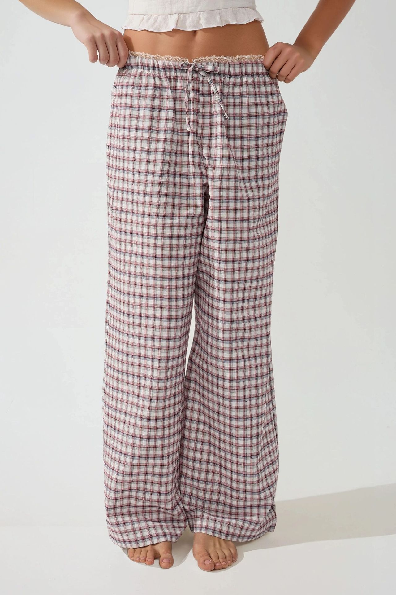 Plaid Long Lounge Bottoms with Back Heart Detail