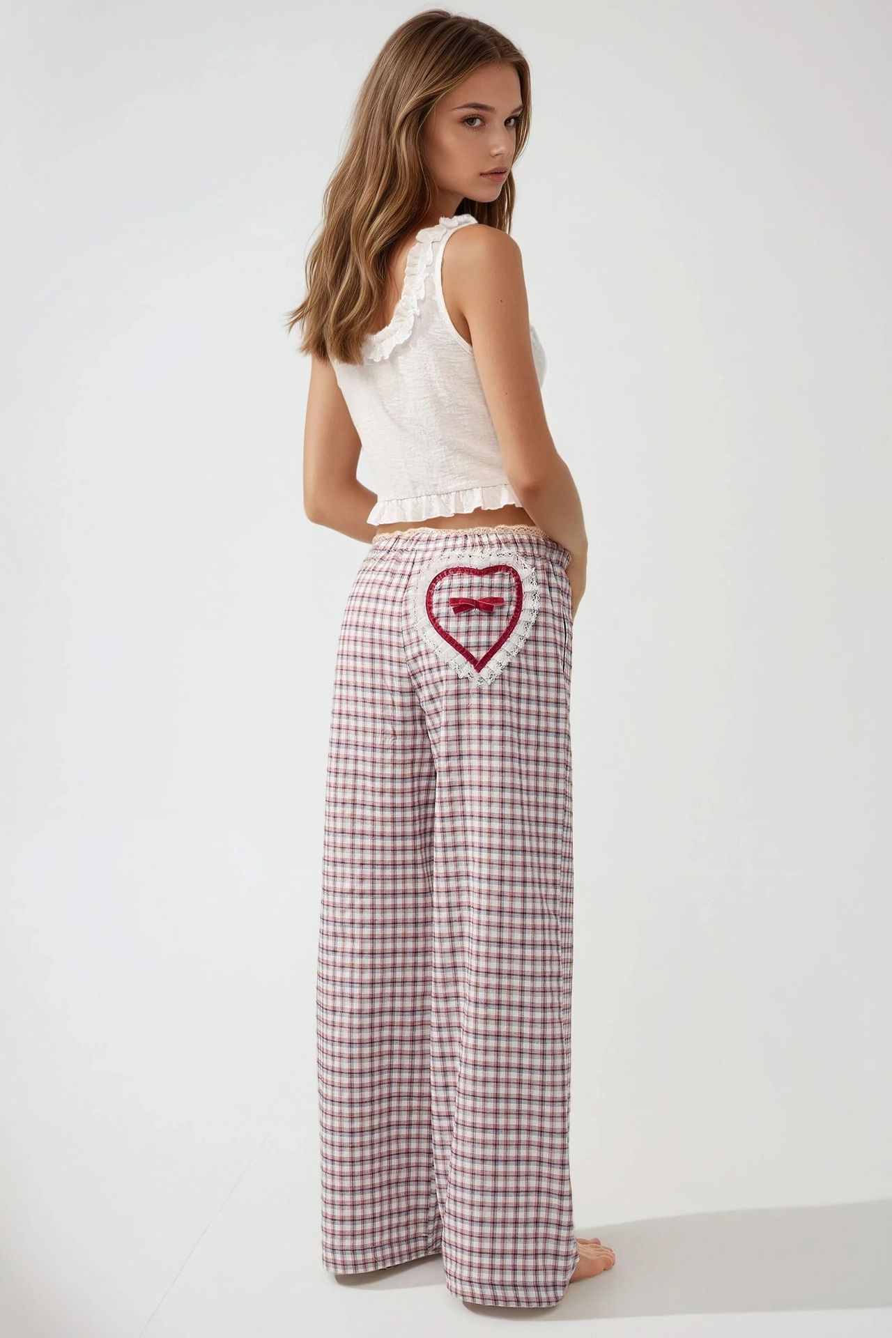 Plaid Long Lounge Bottoms with Back Heart Detail