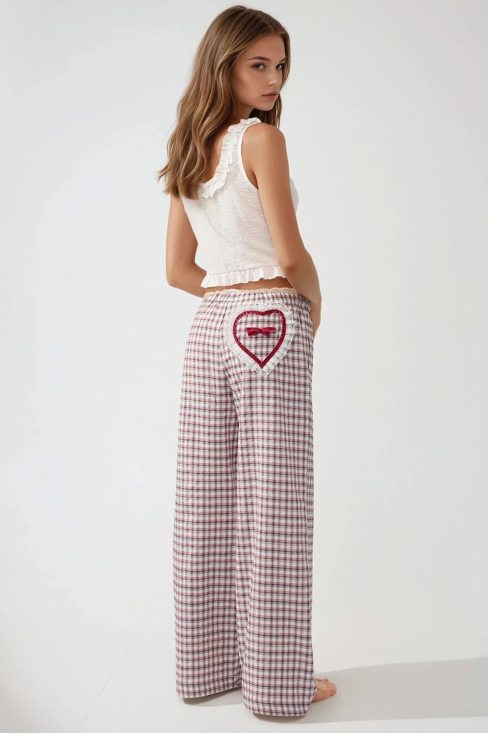 Plaid Long Lounge Bottoms with Back Heart Detail