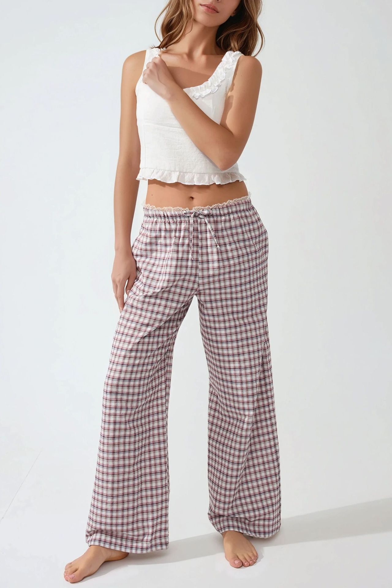 Plaid Long Lounge Bottoms with Back Heart Detail