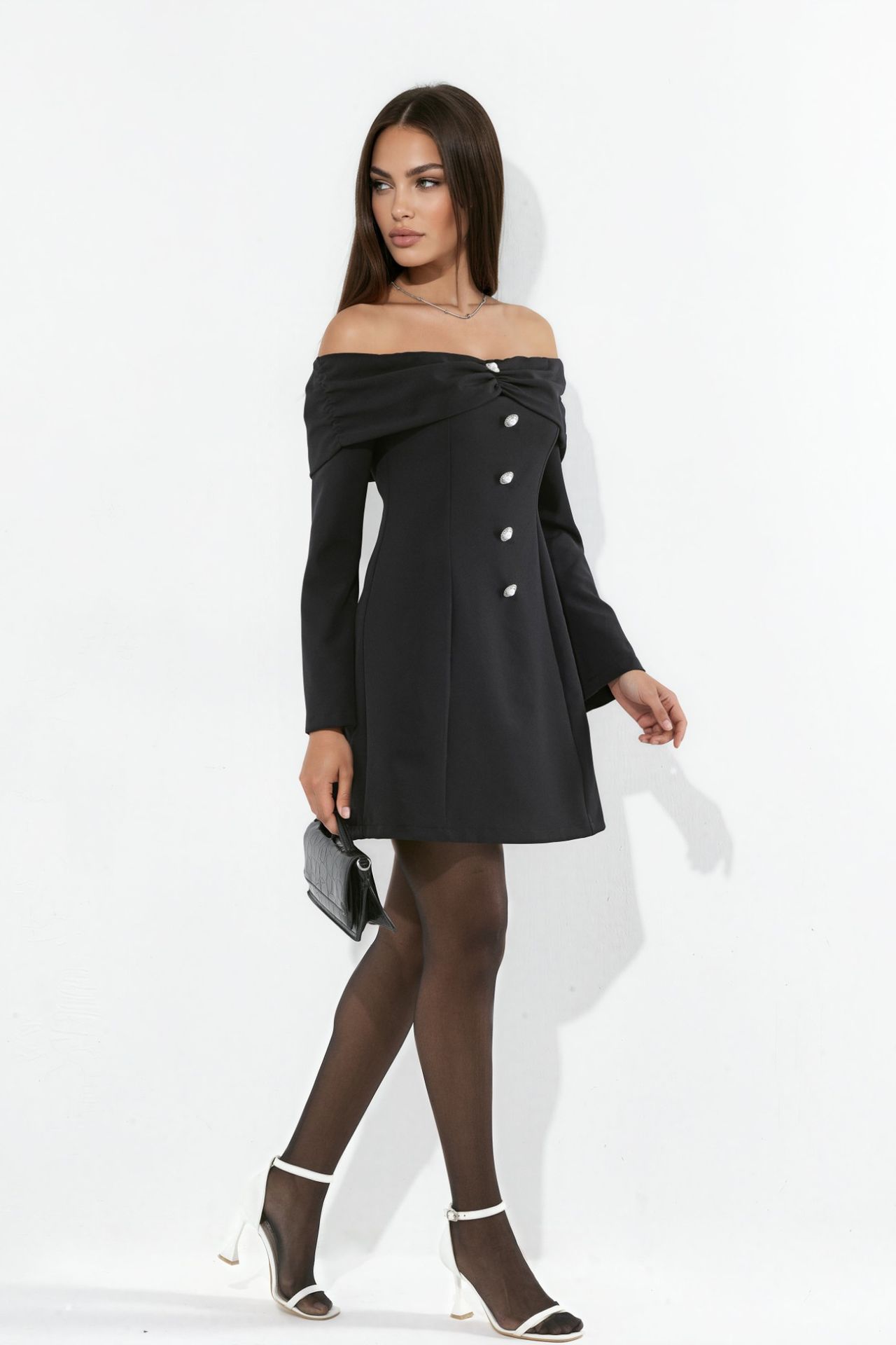 Off-Shoulder Flare Mini Dress with Pearl Button Detail 1