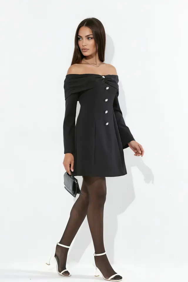 Off-Shoulder Flare Mini Dress with Pearl Button Detail
