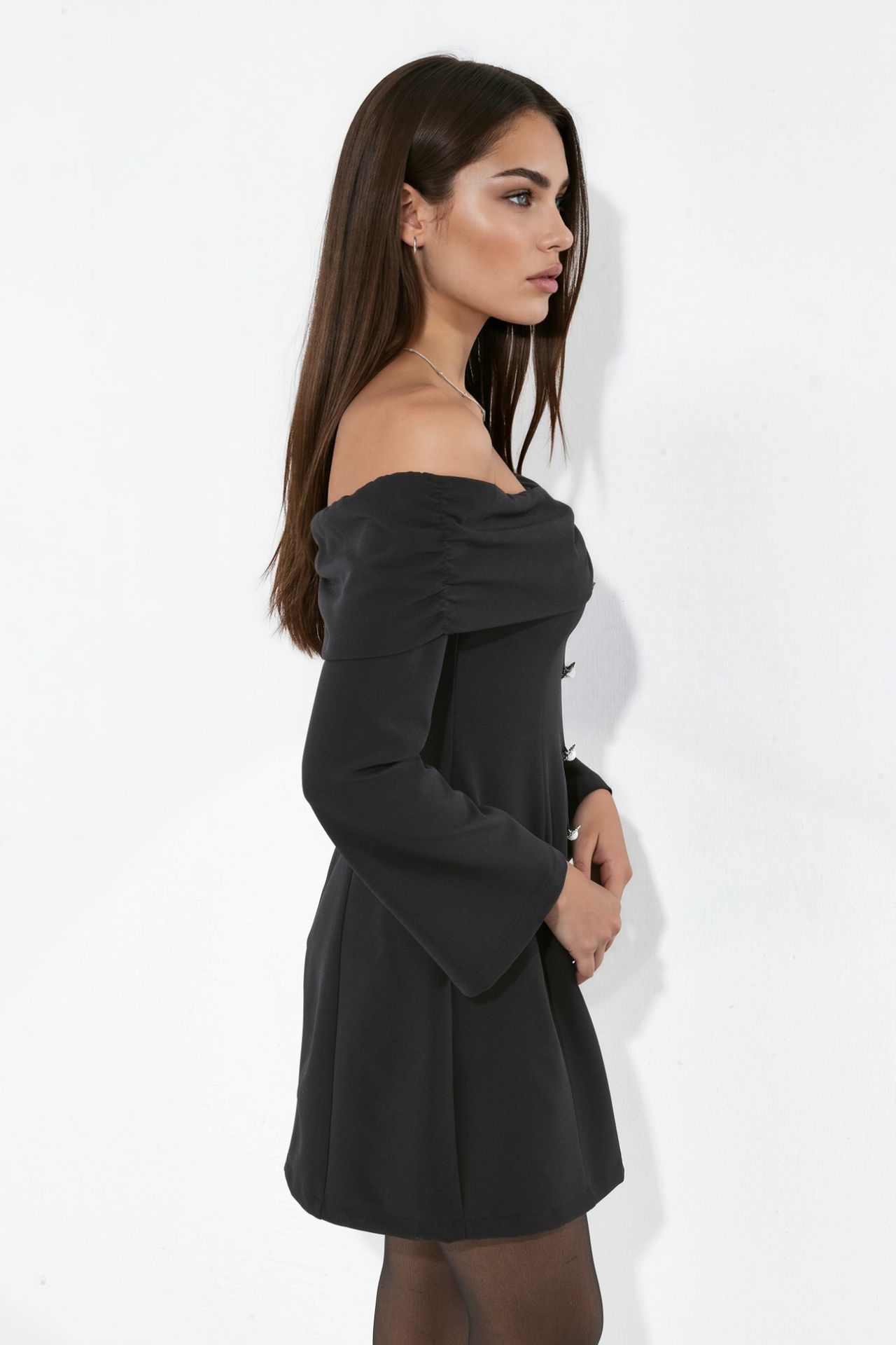 Off-Shoulder Flare Mini Dress with Pearl Button Detail 5