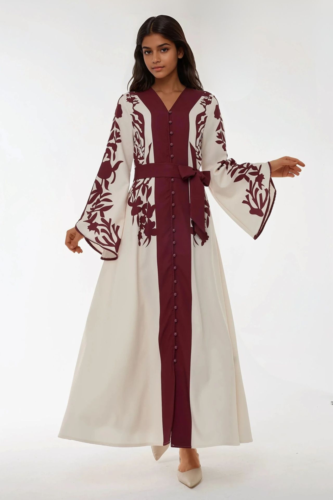 Embroidered Long Sleeve Maxi Dress with Belt