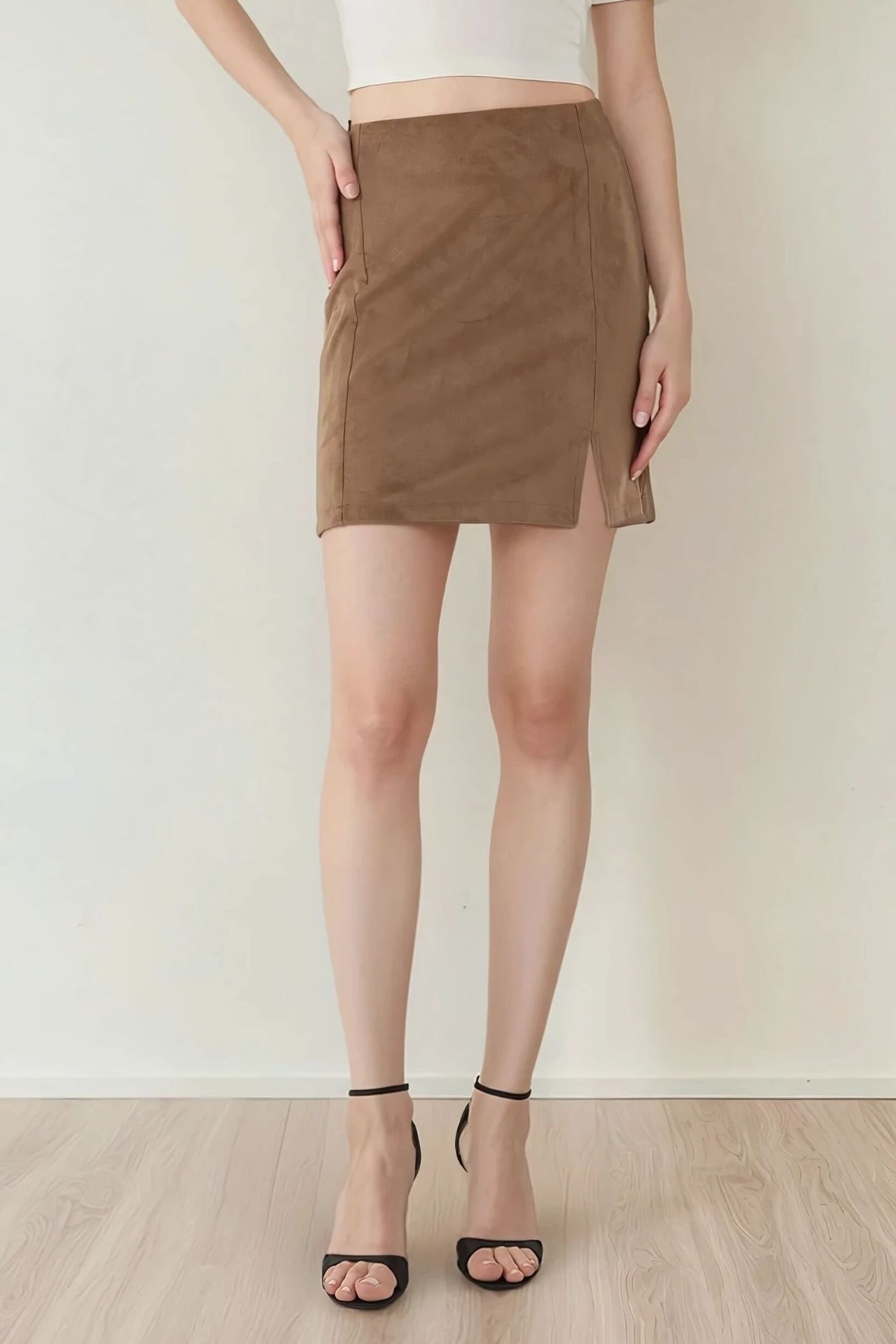 High Waist Mini Suede Skirt with Slit