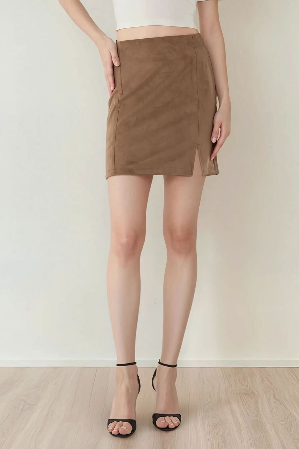 High Waist Mini Suede Skirt with Slit