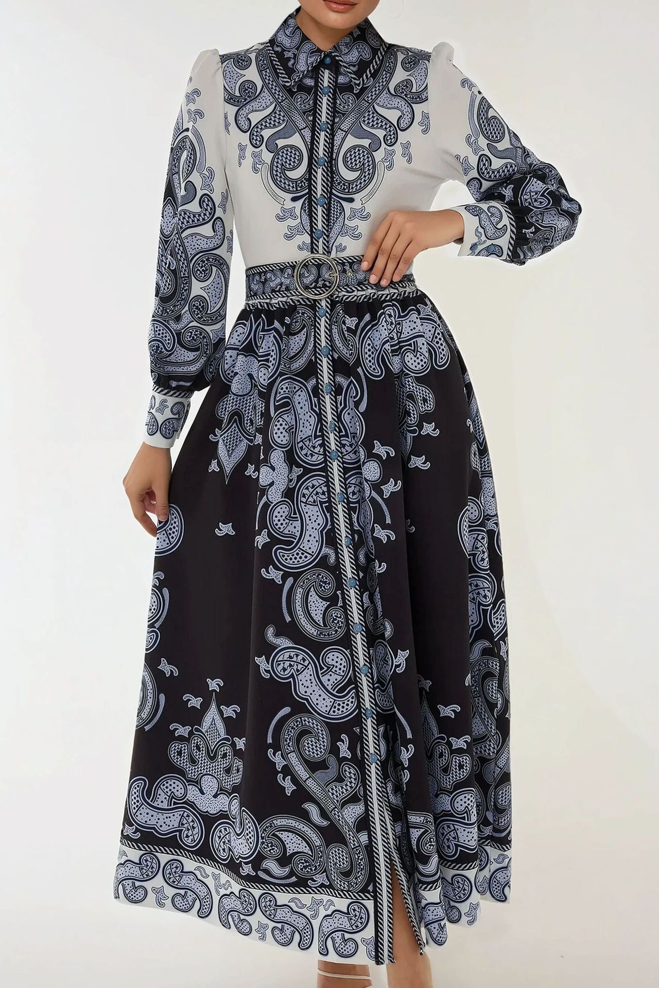 Printed Long Sleeve Maxi Dress with Belt