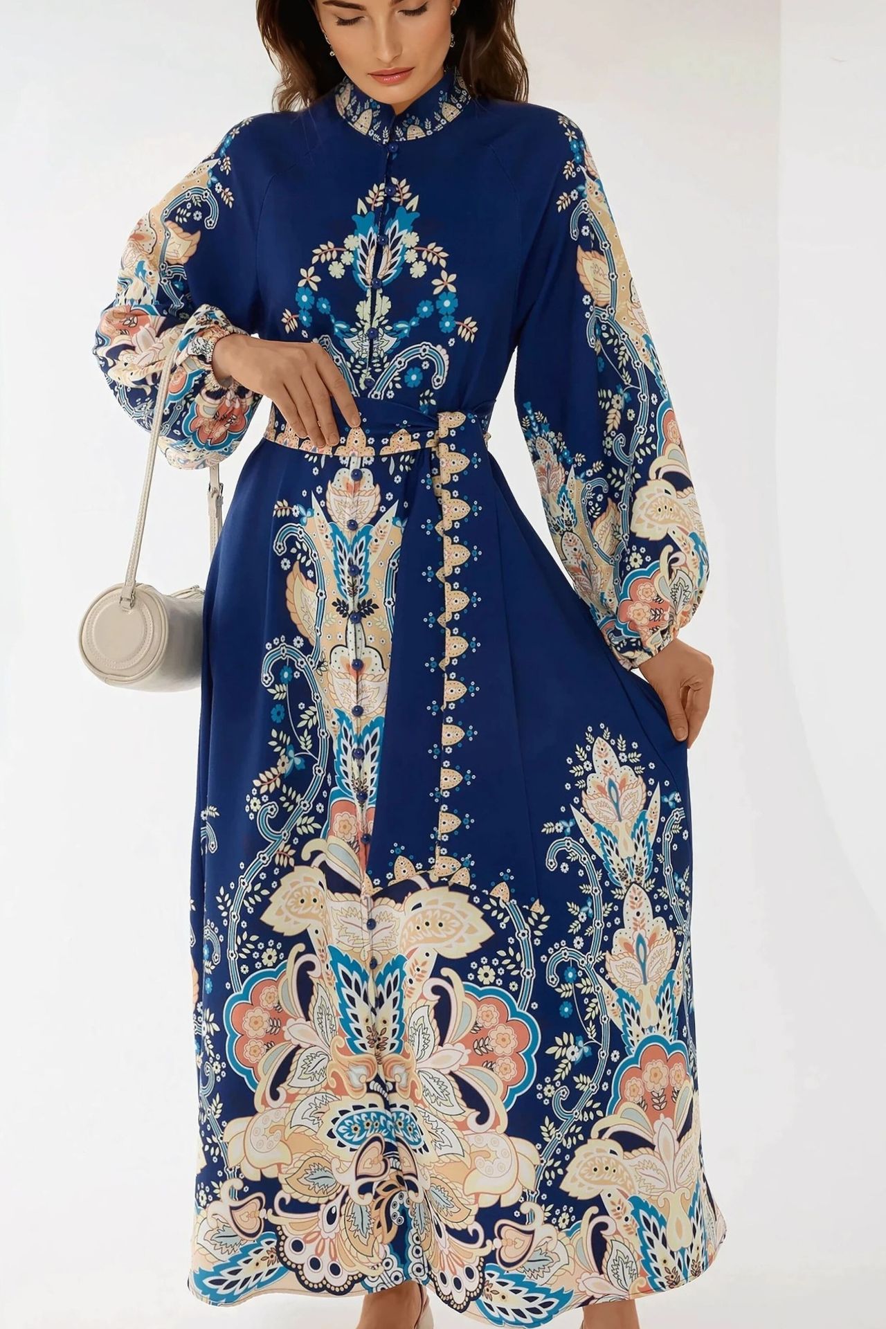 Printed Long Sleeve Maxi Dress with Belt