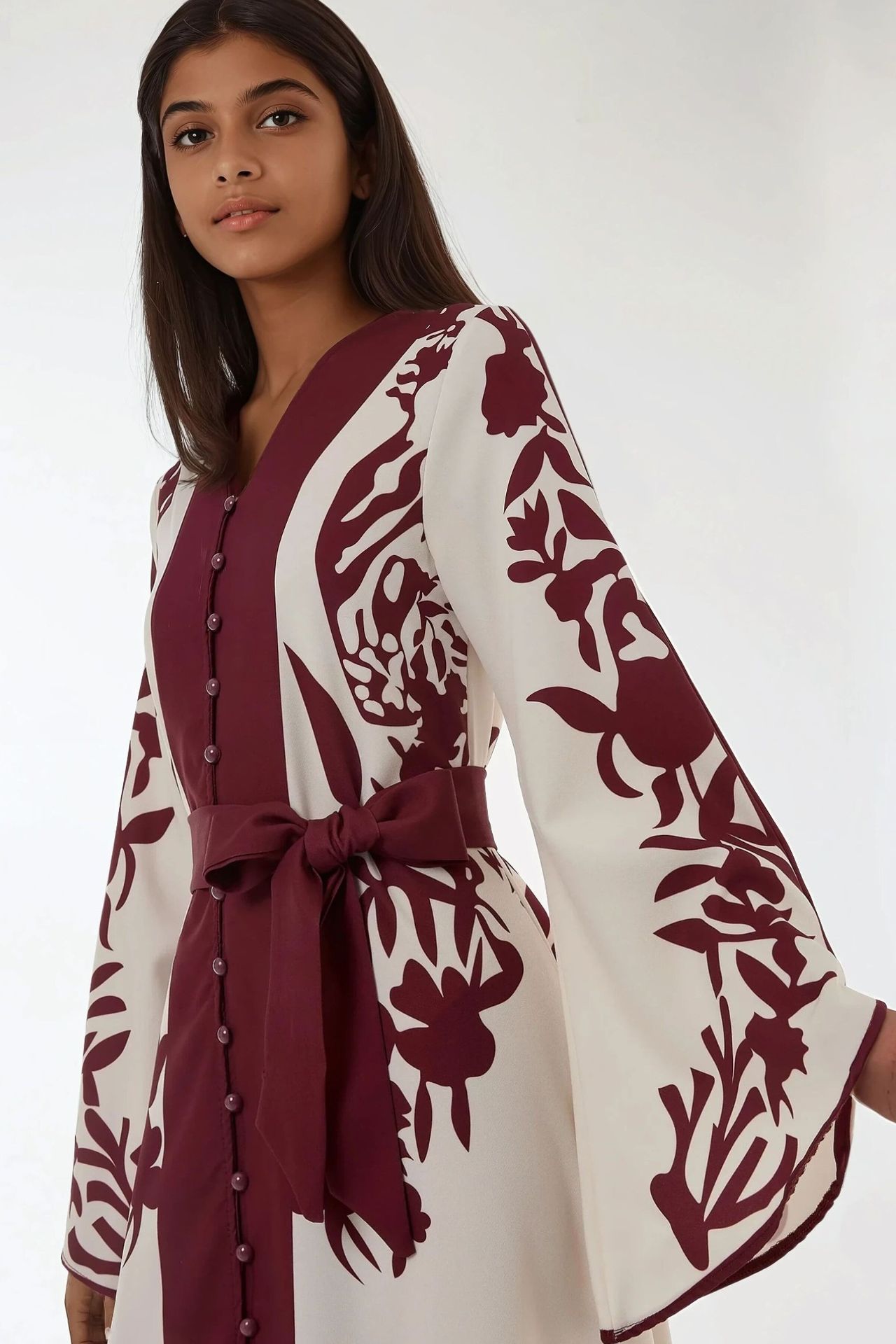 Embroidered Long Sleeve Maxi Dress with Belt
