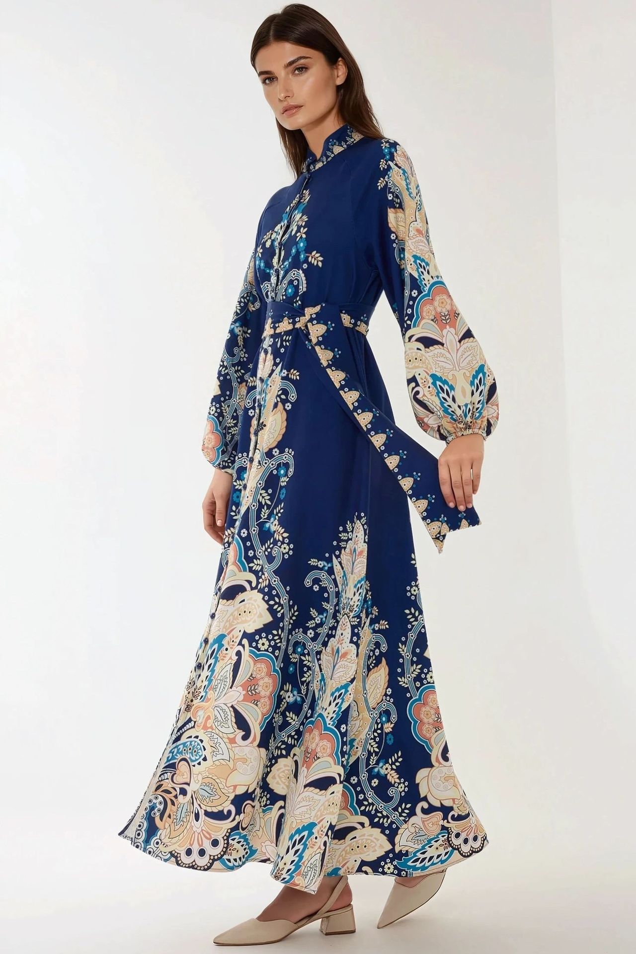 Printed Long Sleeve Maxi Dress with Belt